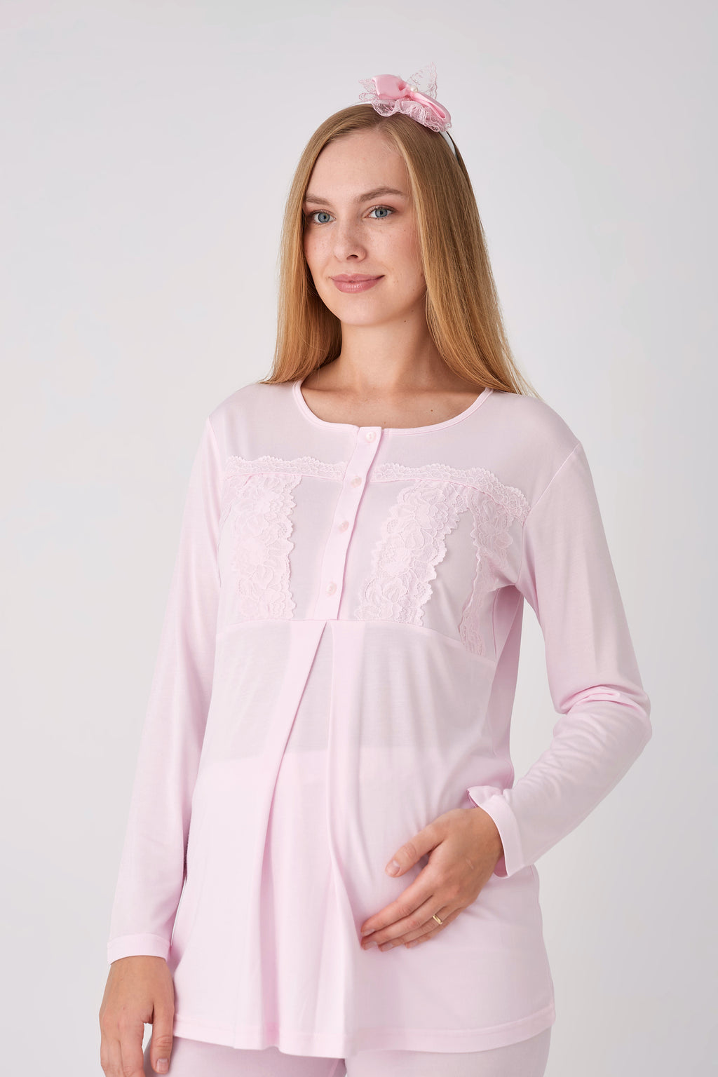 Dantel Panelli Jakarlı Sabahlıklı 3'lü Hamile Lohusa Pijama Seti - Pembe