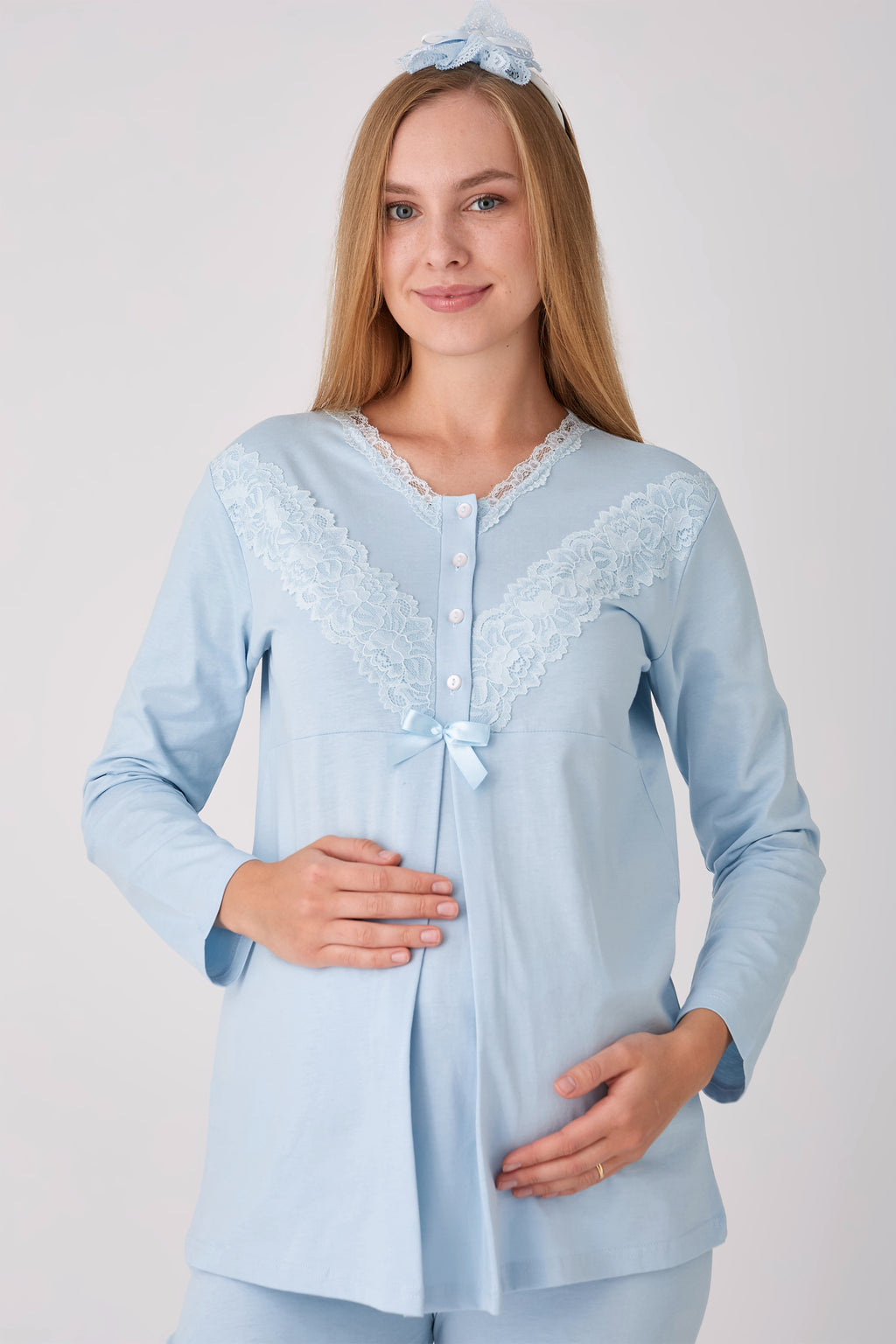 Dantel V Yaka Fiyonklu 3'lü Hamile Lohusa Pijama Sabahlık Seti - Mavi