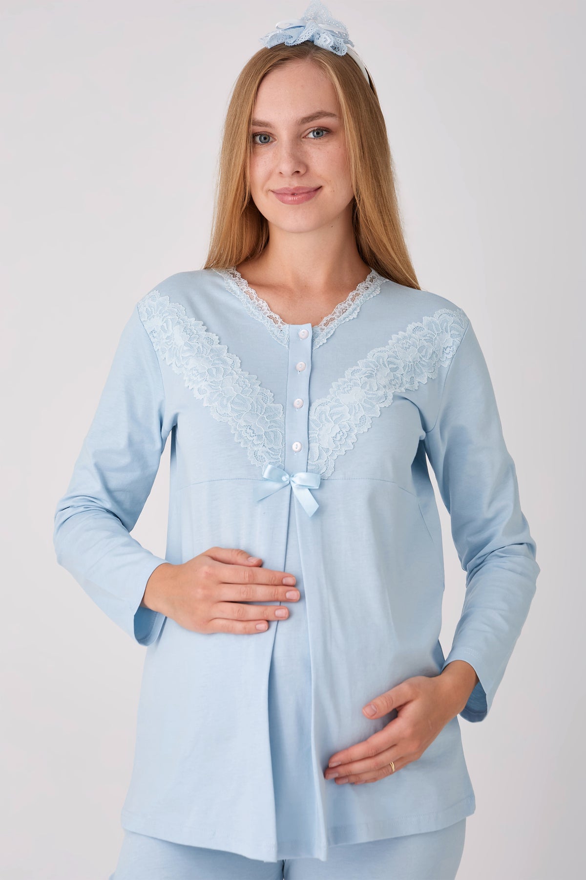 Dantel V Yaka Fiyonklu 3'lü Hamile Lohusa Pijama Sabahlık Seti - Ekru 9