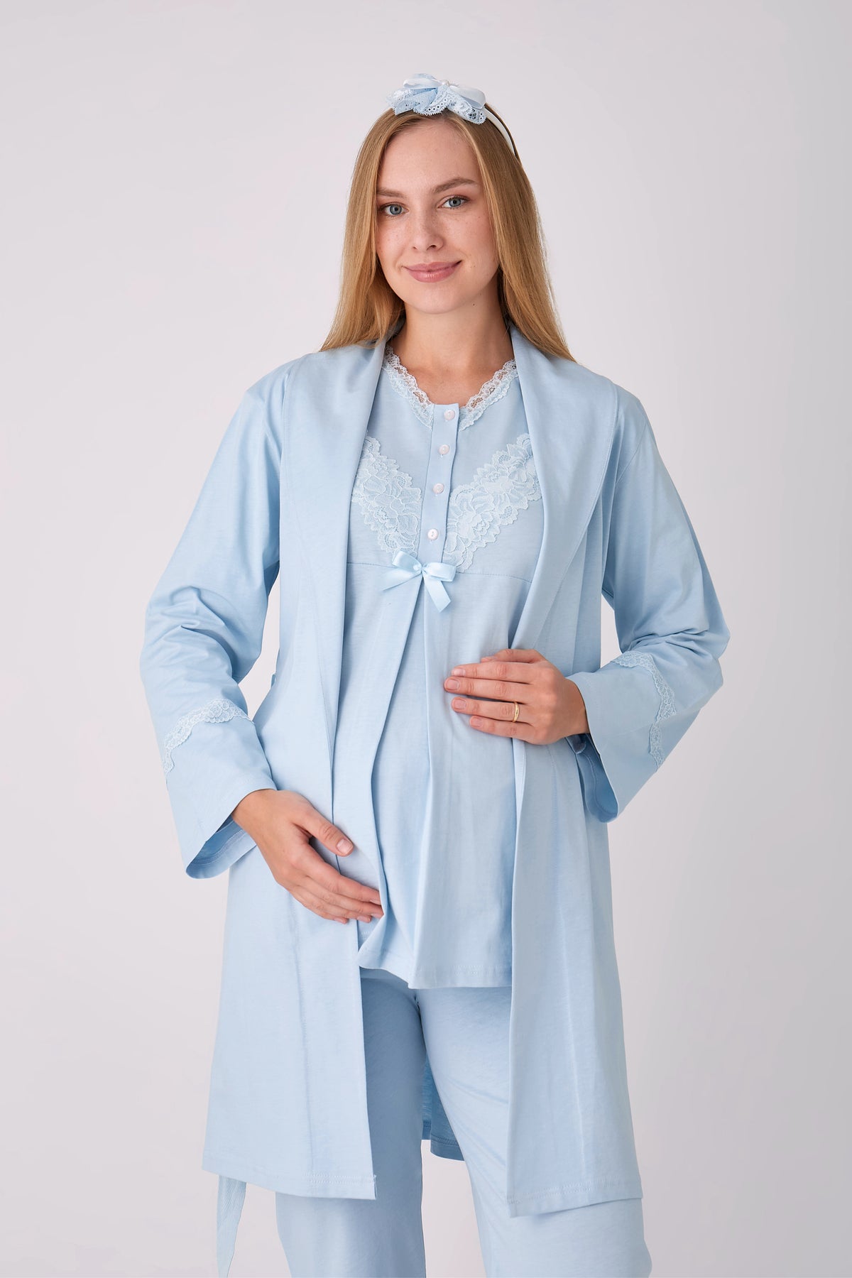 Dantel V Yaka Fiyonklu 3'lü Hamile Lohusa Pijama Sabahlık Seti - Ekru 7