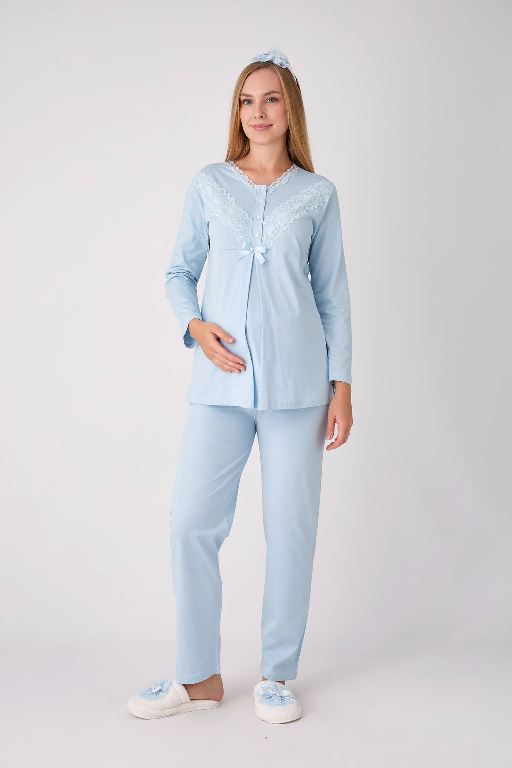 Dantel V Yaka Fiyonklu 3'lü Hamile Lohusa Pijama Sabahlık Seti - Mavi