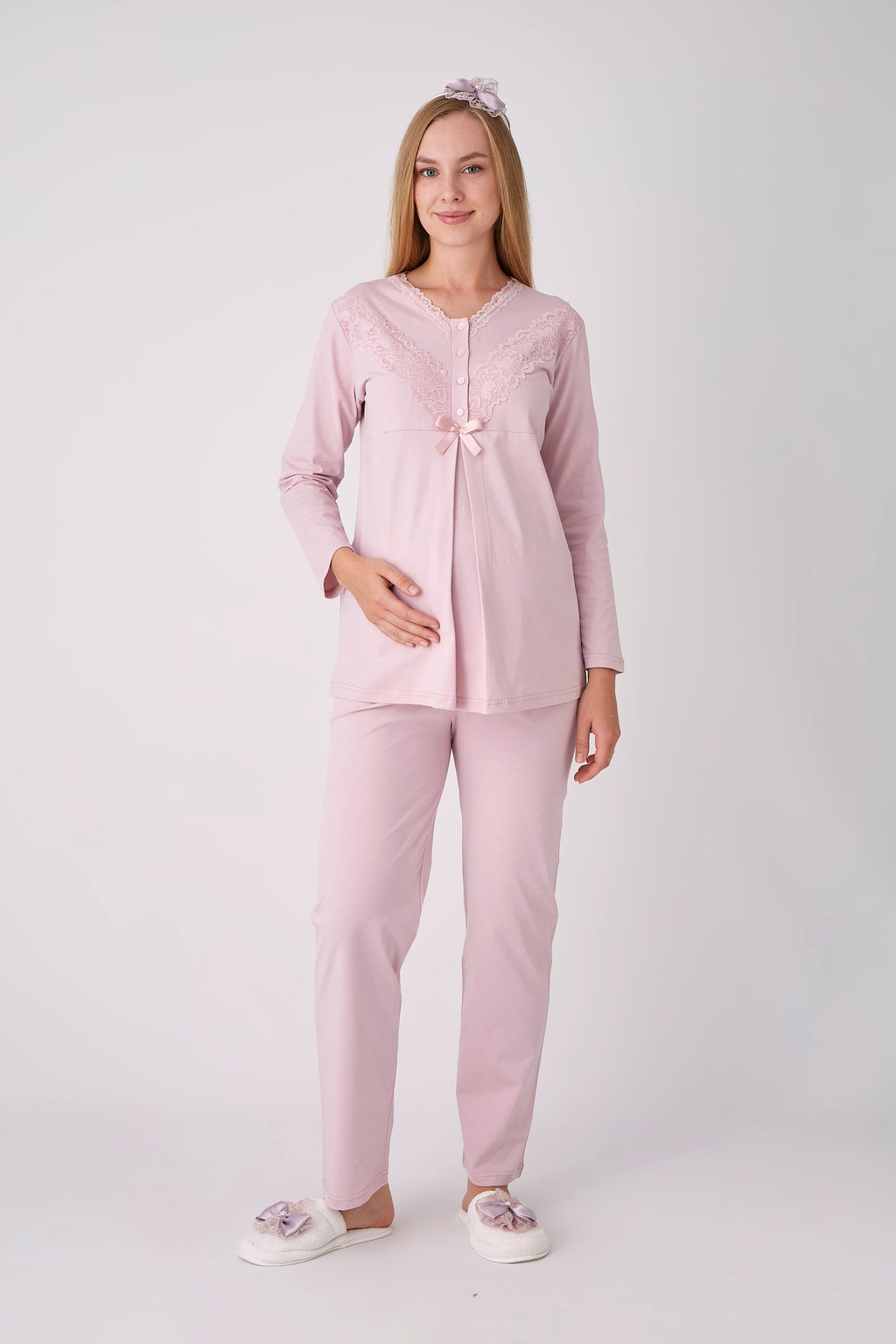 Dantel V Yaka Fiyonklu 3'lü Hamile Lohusa Pijama Sabahlık Seti - Pudra
