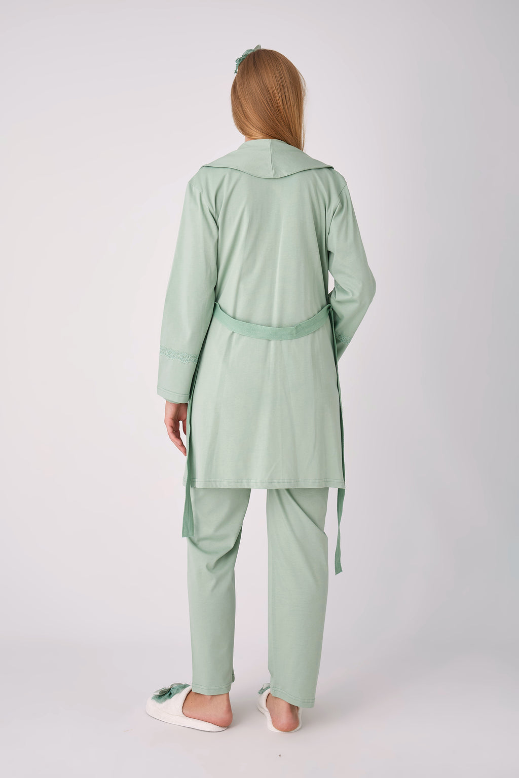 Dantel V Yaka Fiyonklu 3'lü Hamile Lohusa Pijama Sabahlık Seti - Yeşil