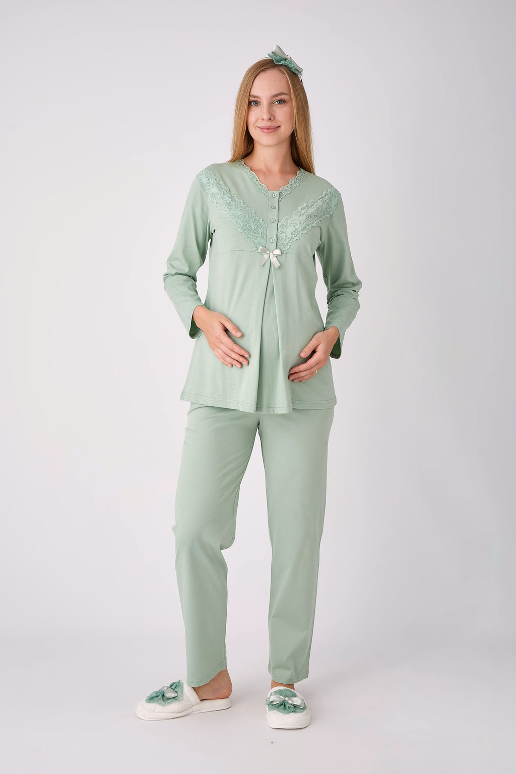 Dantel V Yaka Fiyonklu 3'lü Hamile Lohusa Pijama Sabahlık Seti - Yeşil