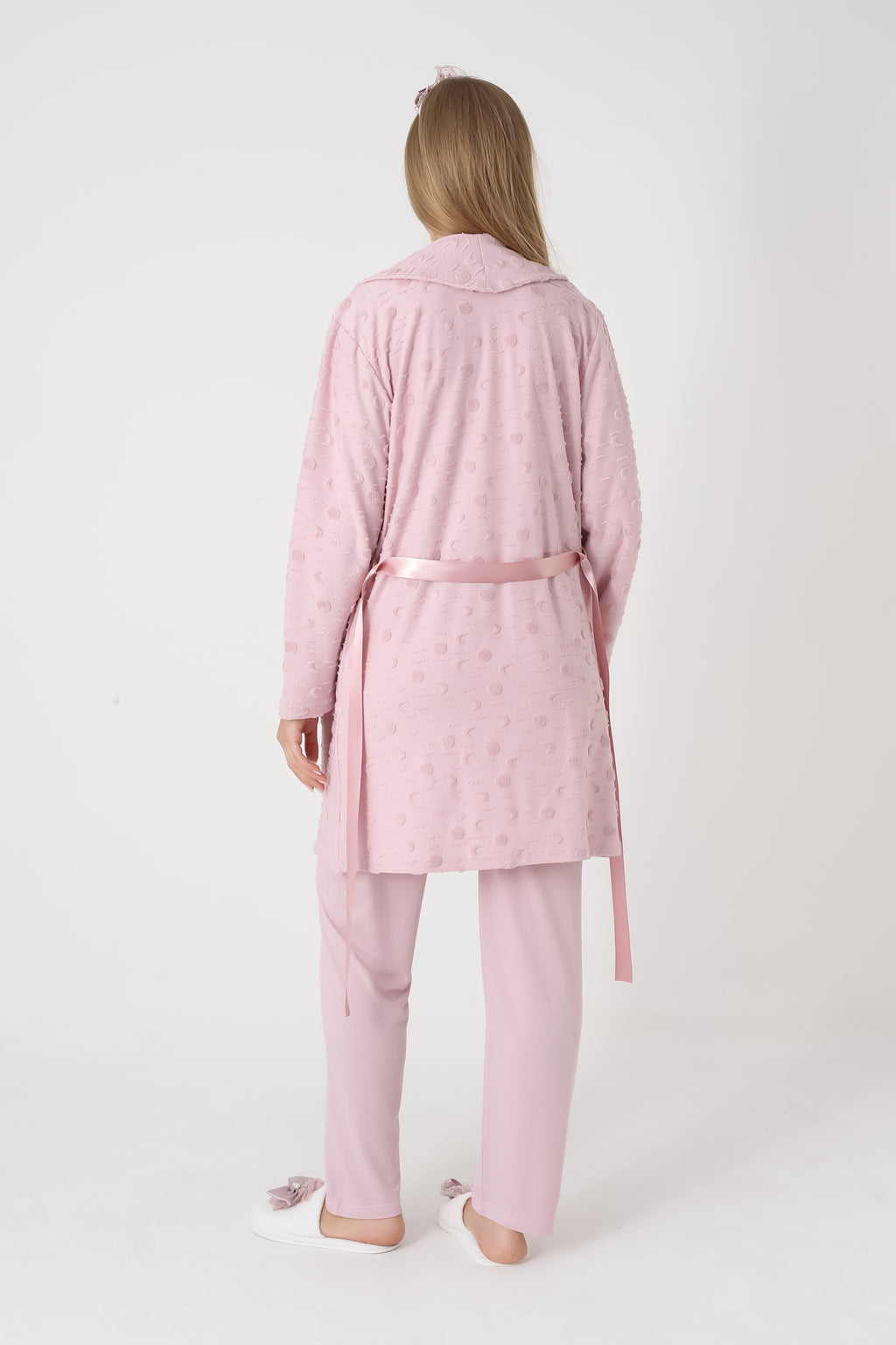 Jakarlı Havlu Sabahlıklı & Pamuklu 3'lü Lohusa Pijama Takımı - 3454