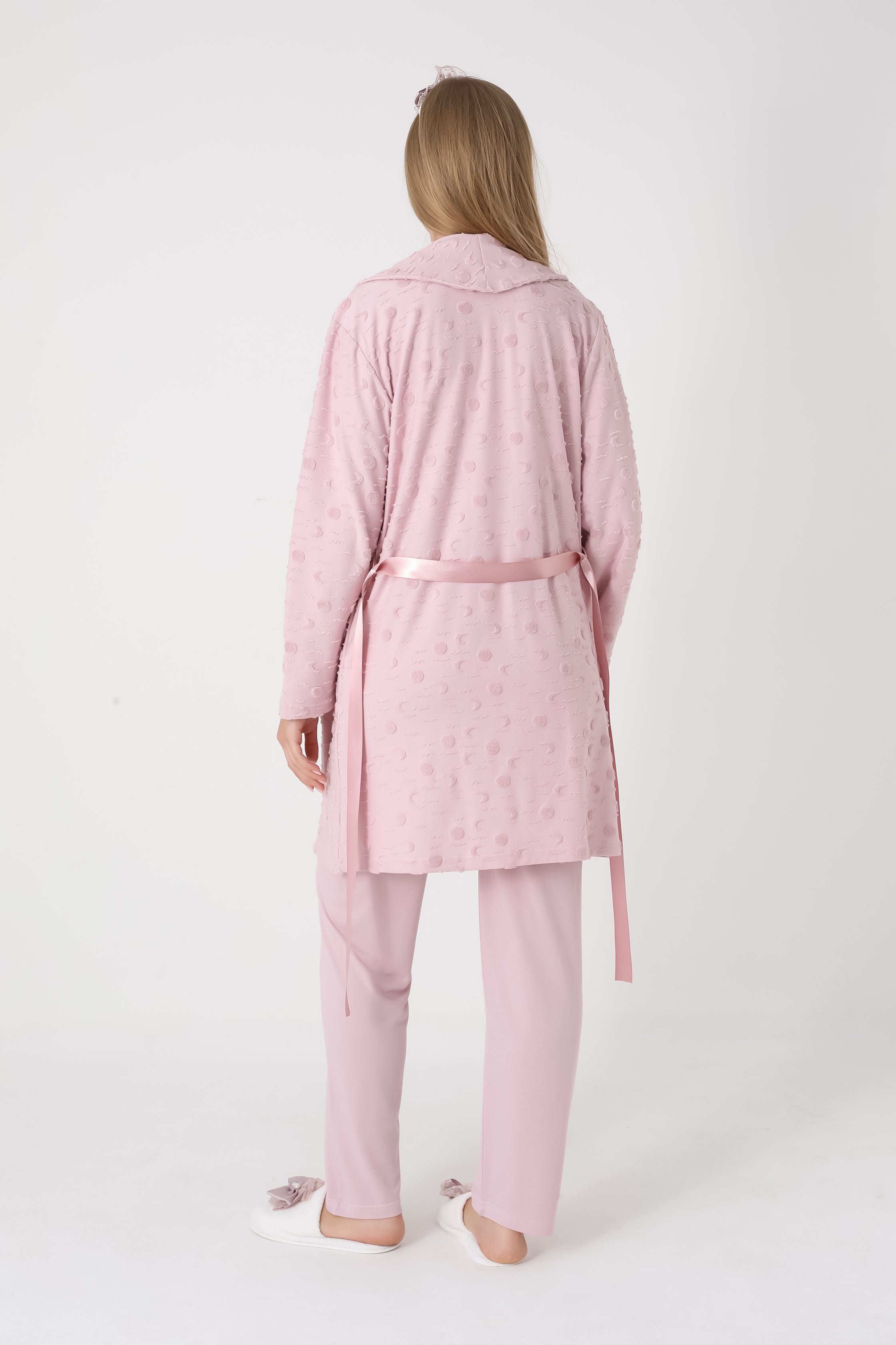 Jakarlı Havlu Sabahlıklı & Pamuklu 3'lü Lohusa Pijama Takımı - 3454