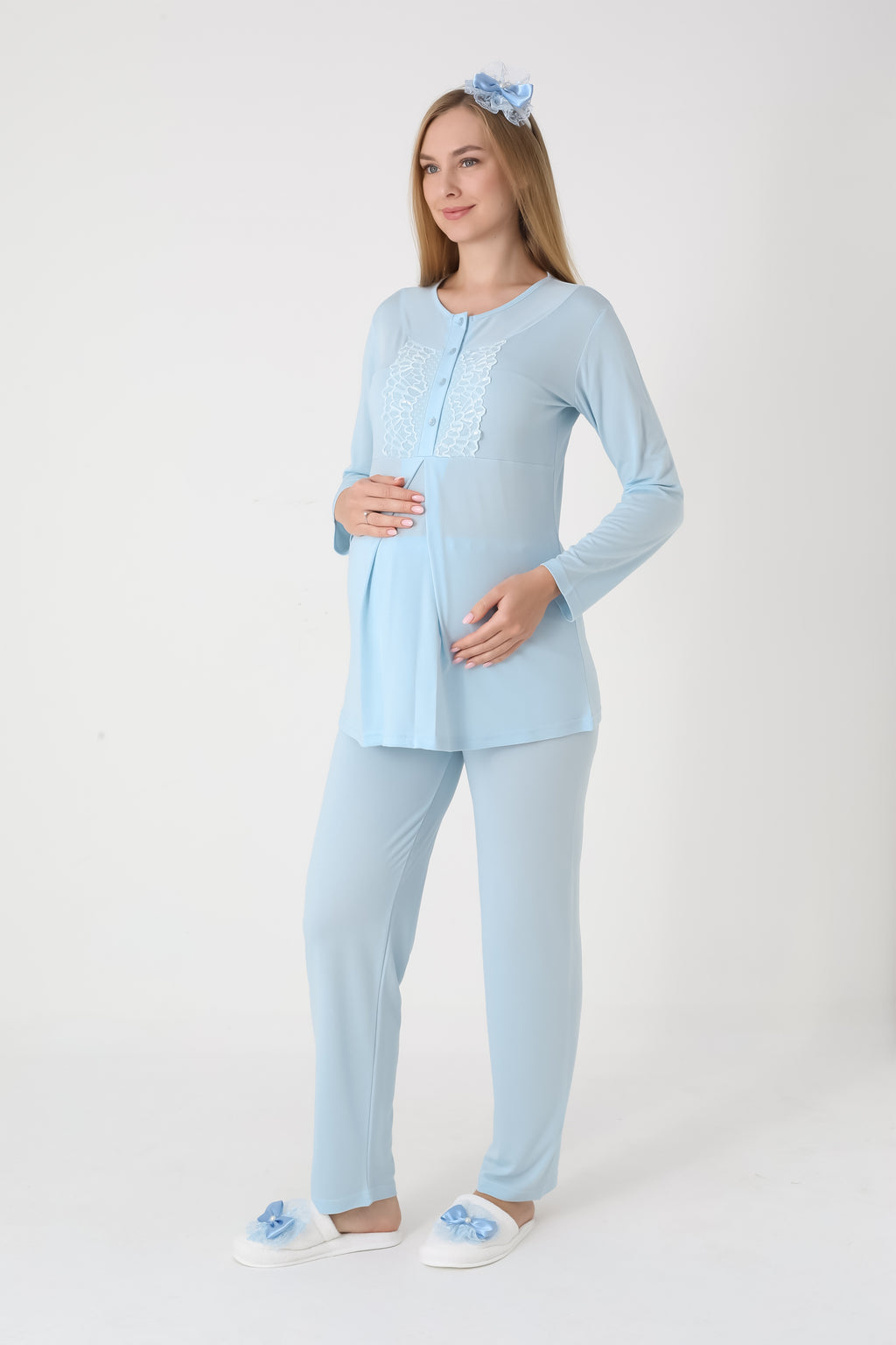 Jakarlı Havlu Sabahlıklı & Pamuklu 3'lü Lohusa Pijama Takımı - 3454