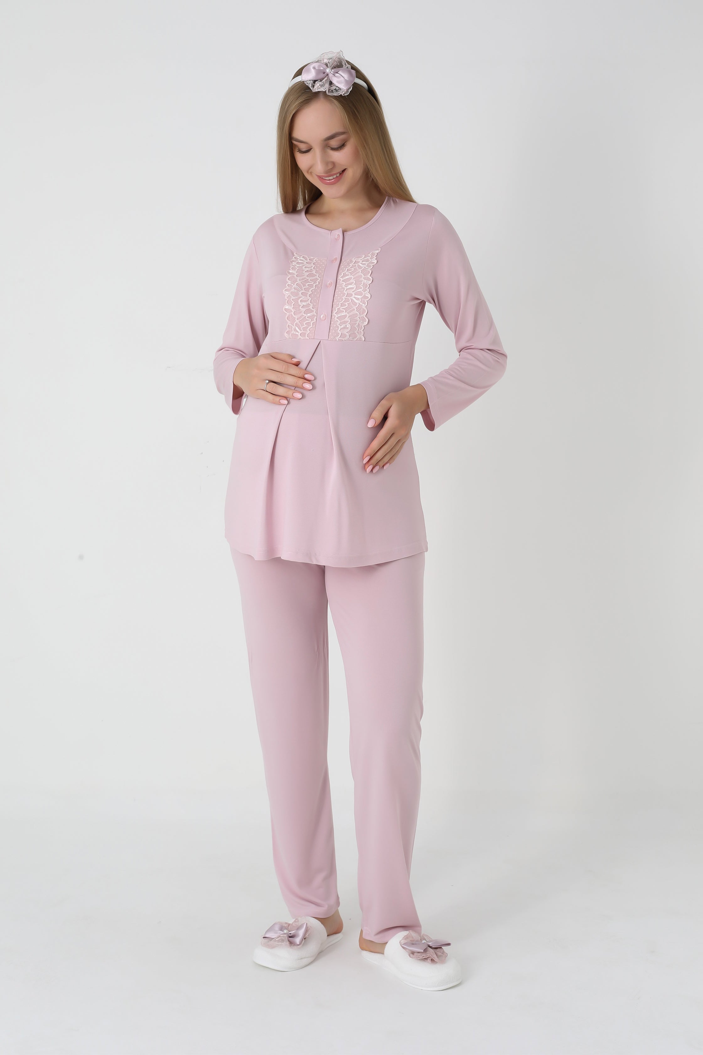 Jakarlı Havlu Sabahlıklı & Pamuklu 3'lü Lohusa Pijama Takımı - 3454