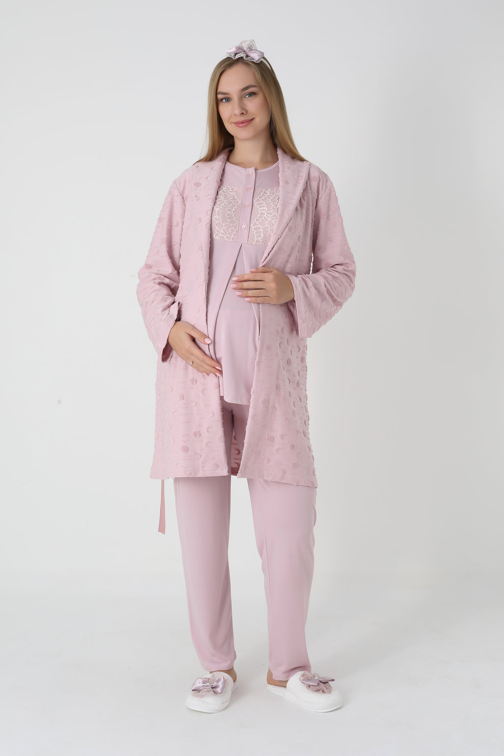 Hamile lohusa pijama ve sabahlık takımı jakarlı havlu pamuklu 3'lü
