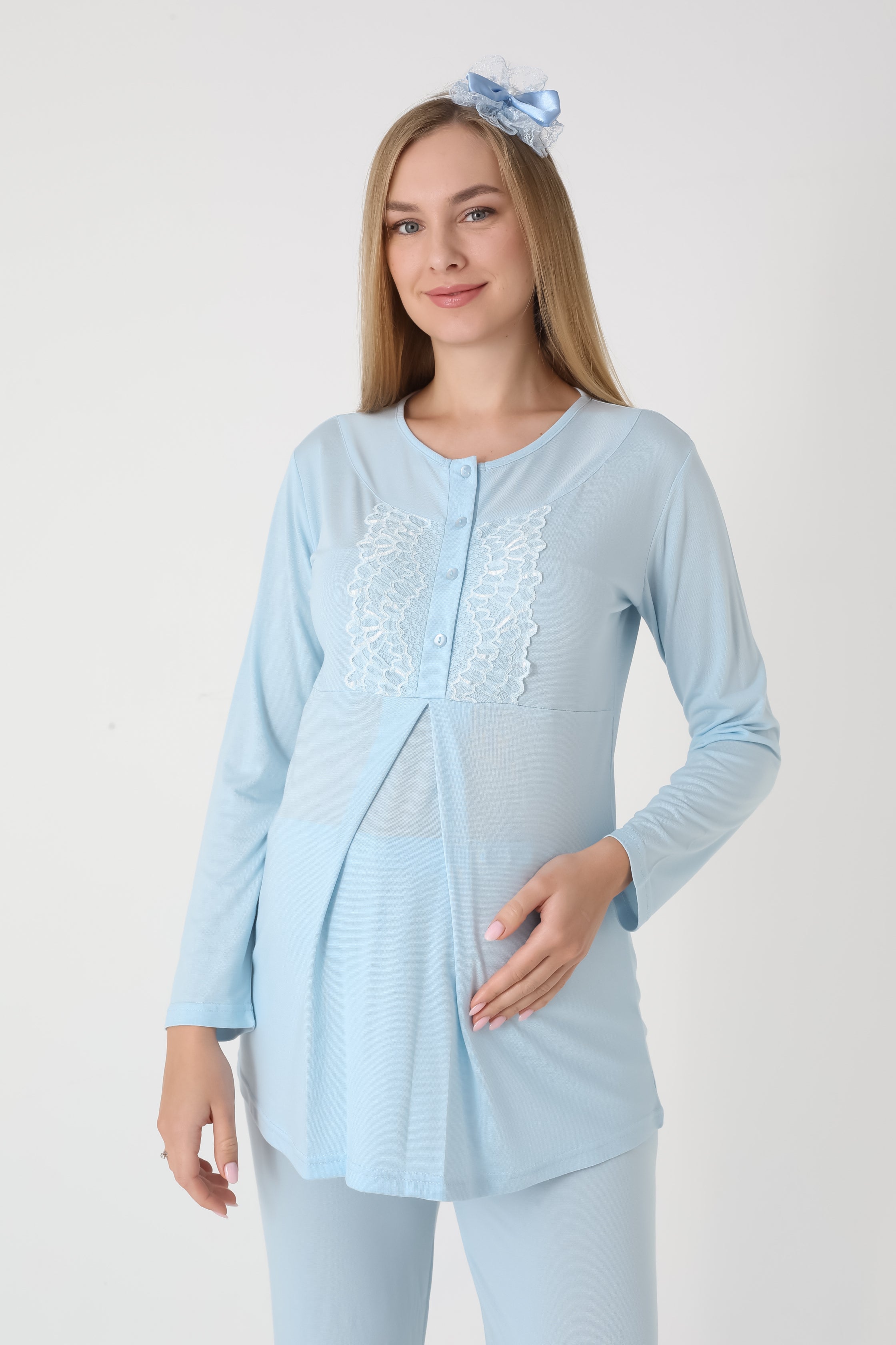 Jakarlı Havlu Sabahlıklı & Pamuklu 3'lü Lohusa Pijama Takımı - 3454