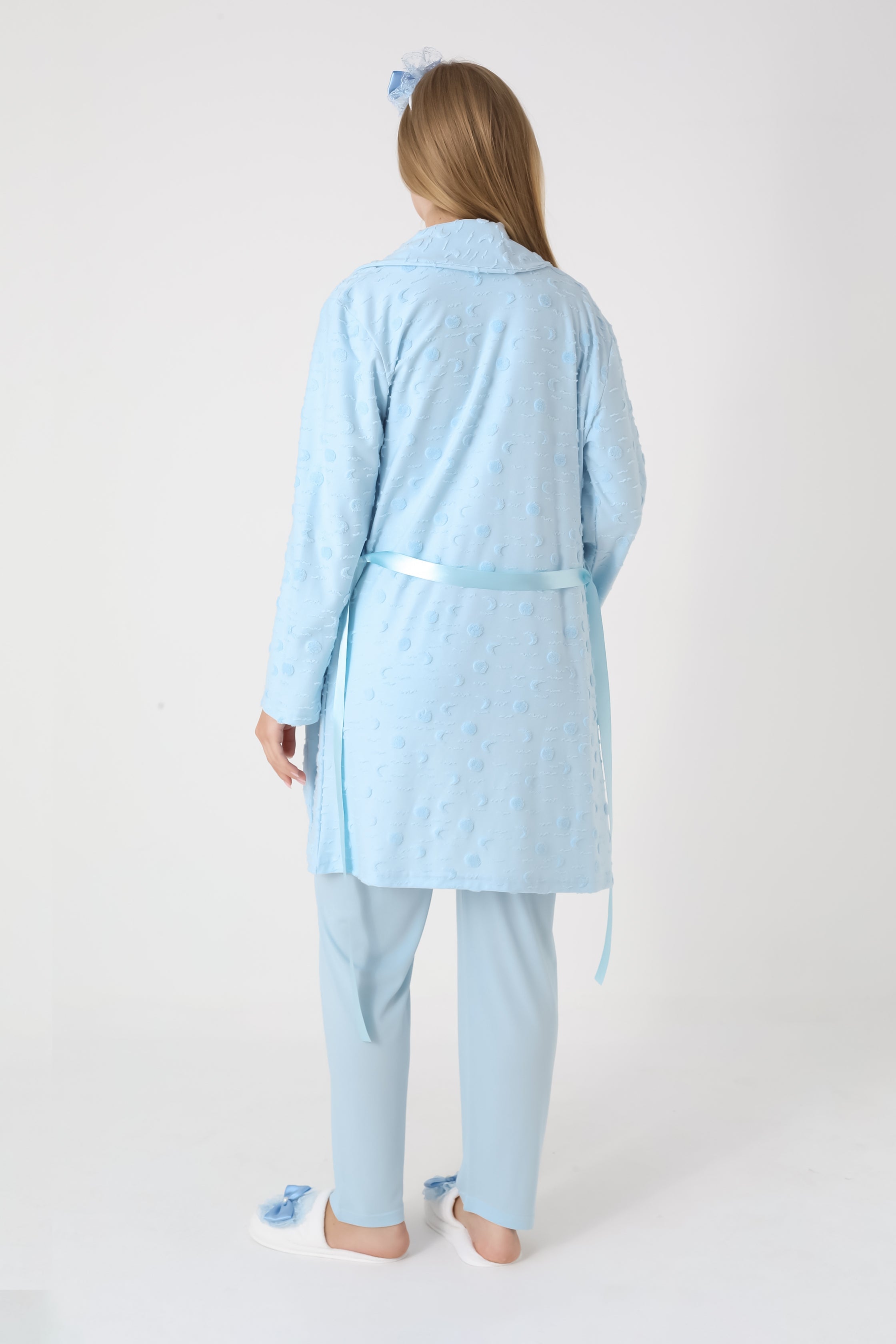 Jakarlı Havlu Sabahlıklı & Pamuklu 3'lü Lohusa Pijama Takımı - 3454