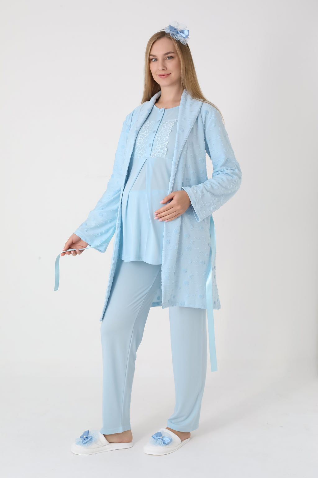 Jakarlı Havlu Sabahlıklı & Pamuklu 3'lü Lohusa Pijama Takımı - 3454