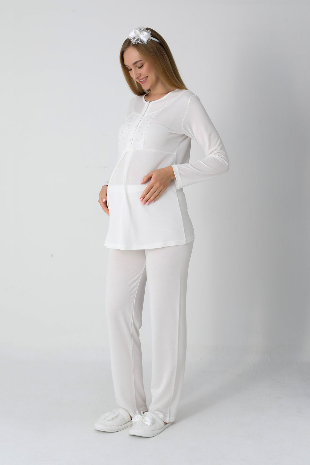 Jakarlı Havlu Sabahlıklı & Pamuklu 3'lü Lohusa Pijama Takımı - 3454