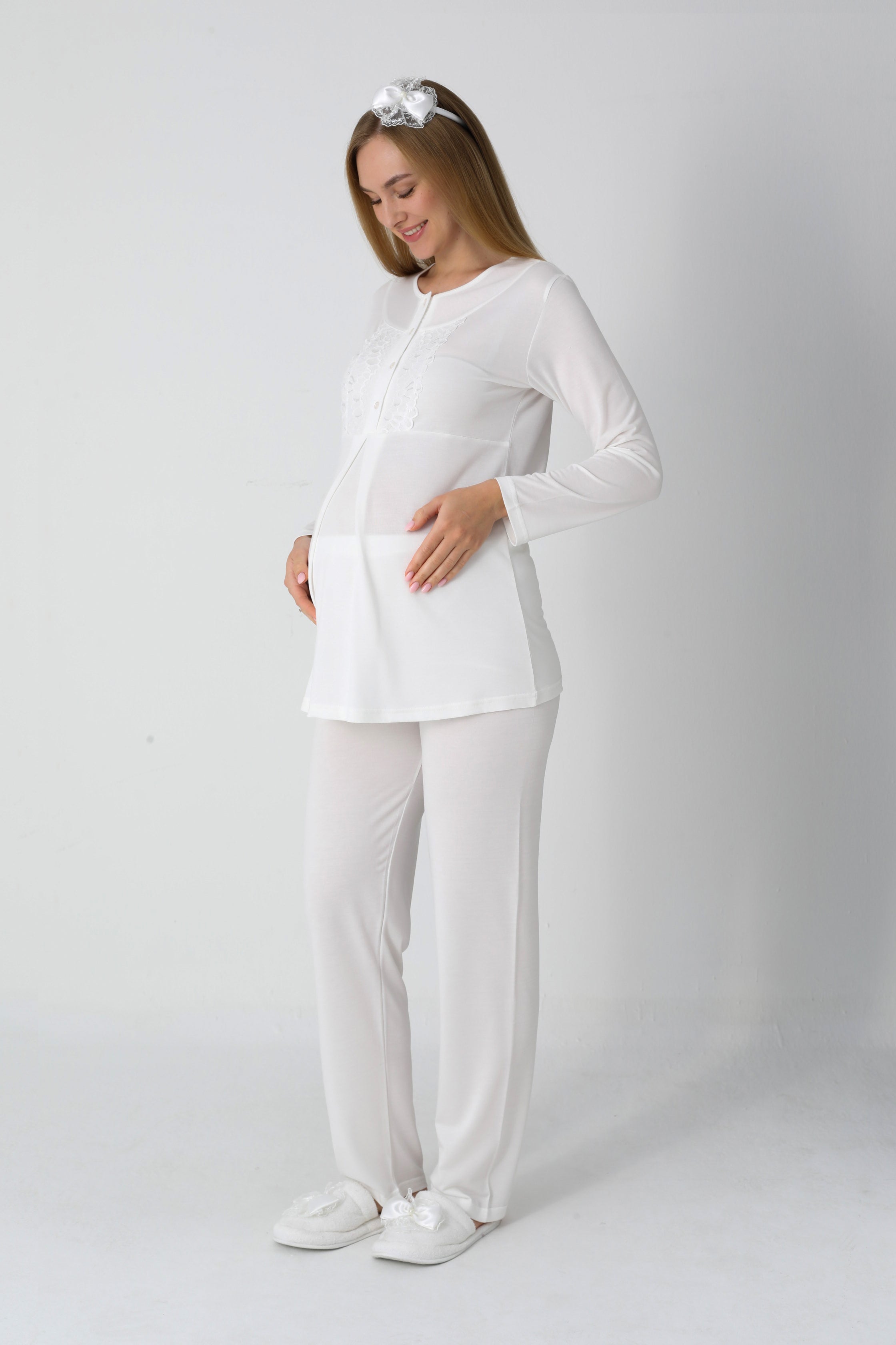 Jakarlı Havlu Sabahlıklı & Pamuklu 3'lü Lohusa Pijama Takımı - 3454