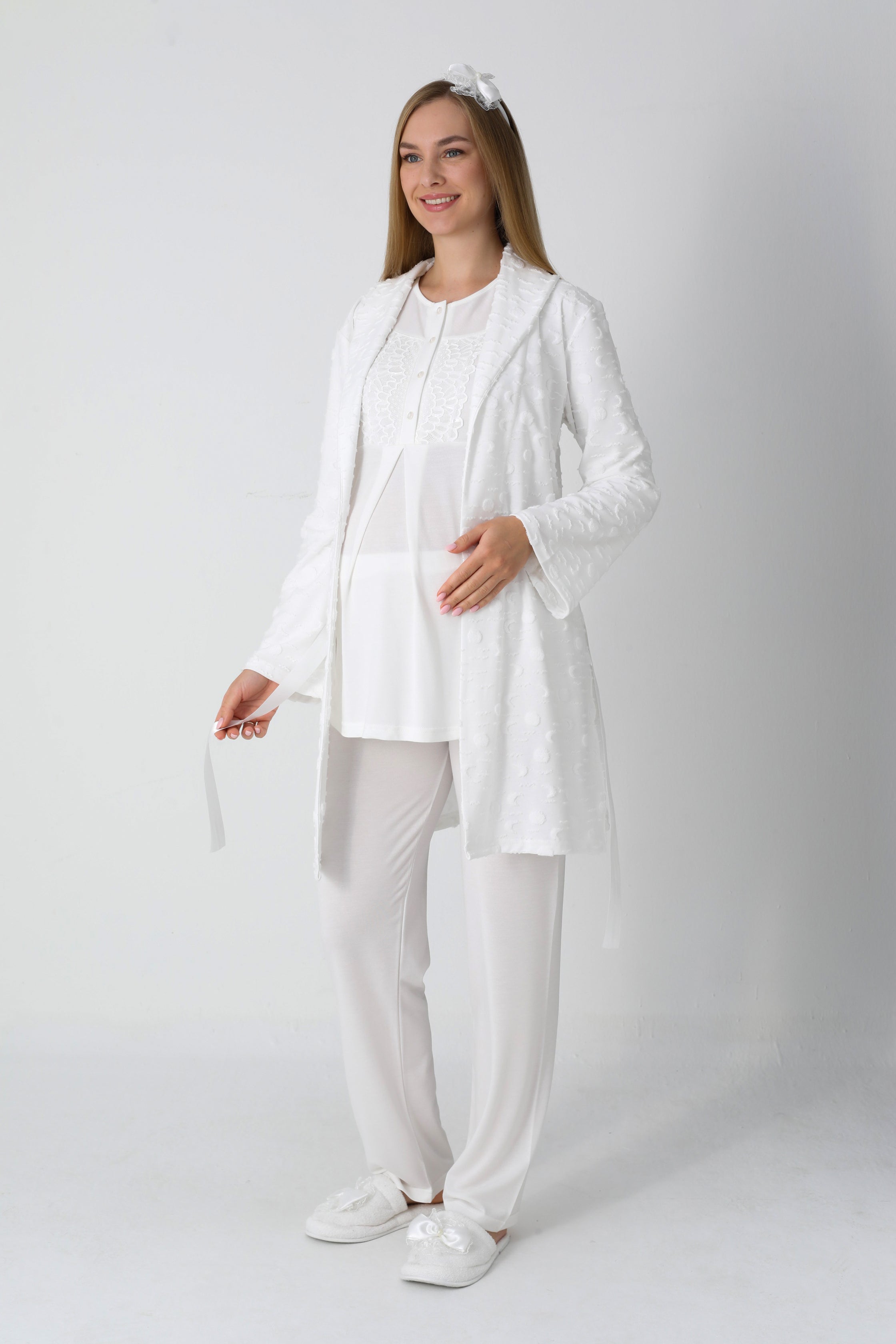 Jakarlı Havlu Sabahlıklı & Pamuklu 3'lü Lohusa Pijama Takımı - 3454