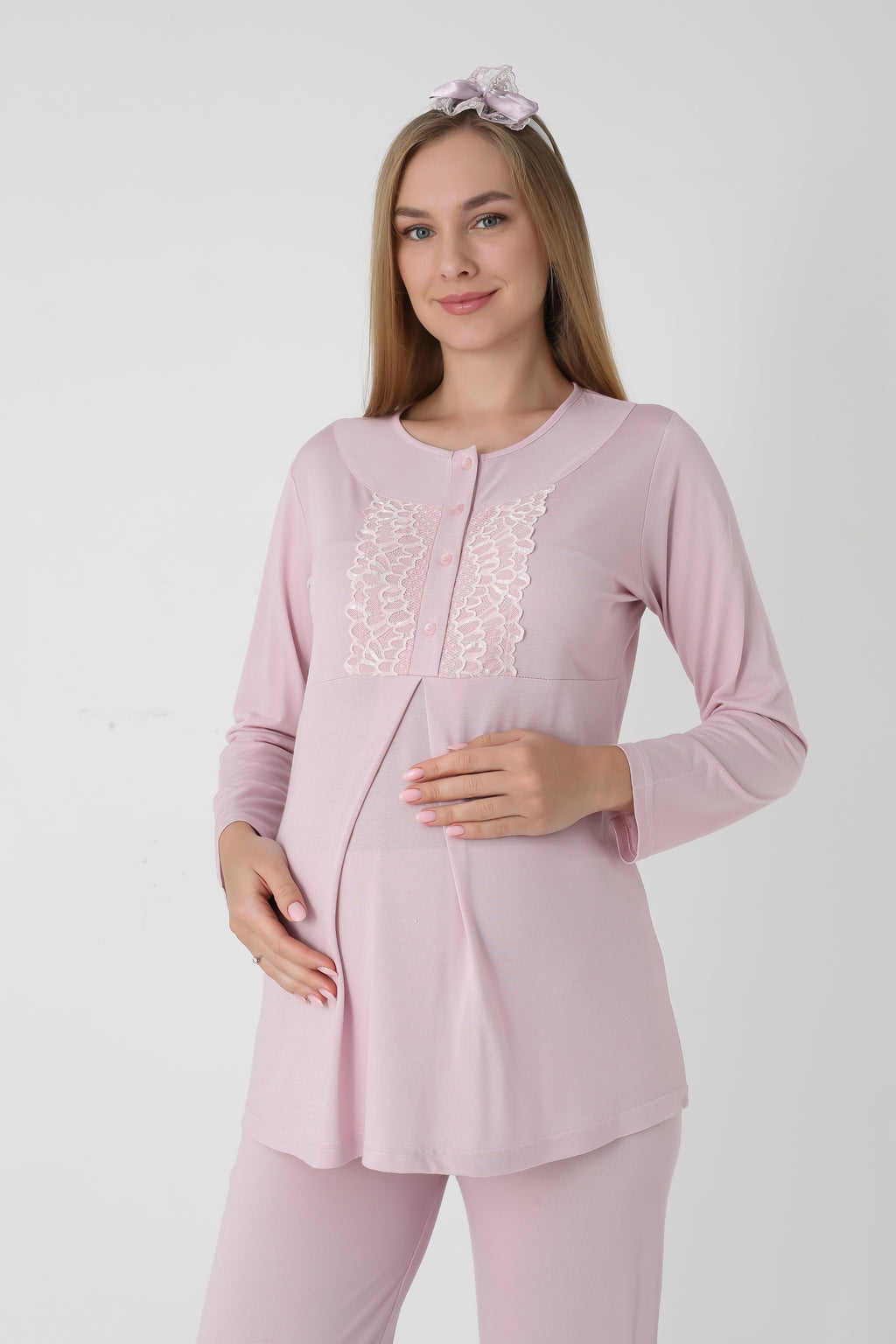 Jakarlı Havlu Sabahlıklı & Pamuklu 3'lü Lohusa Pijama Takımı - 3454