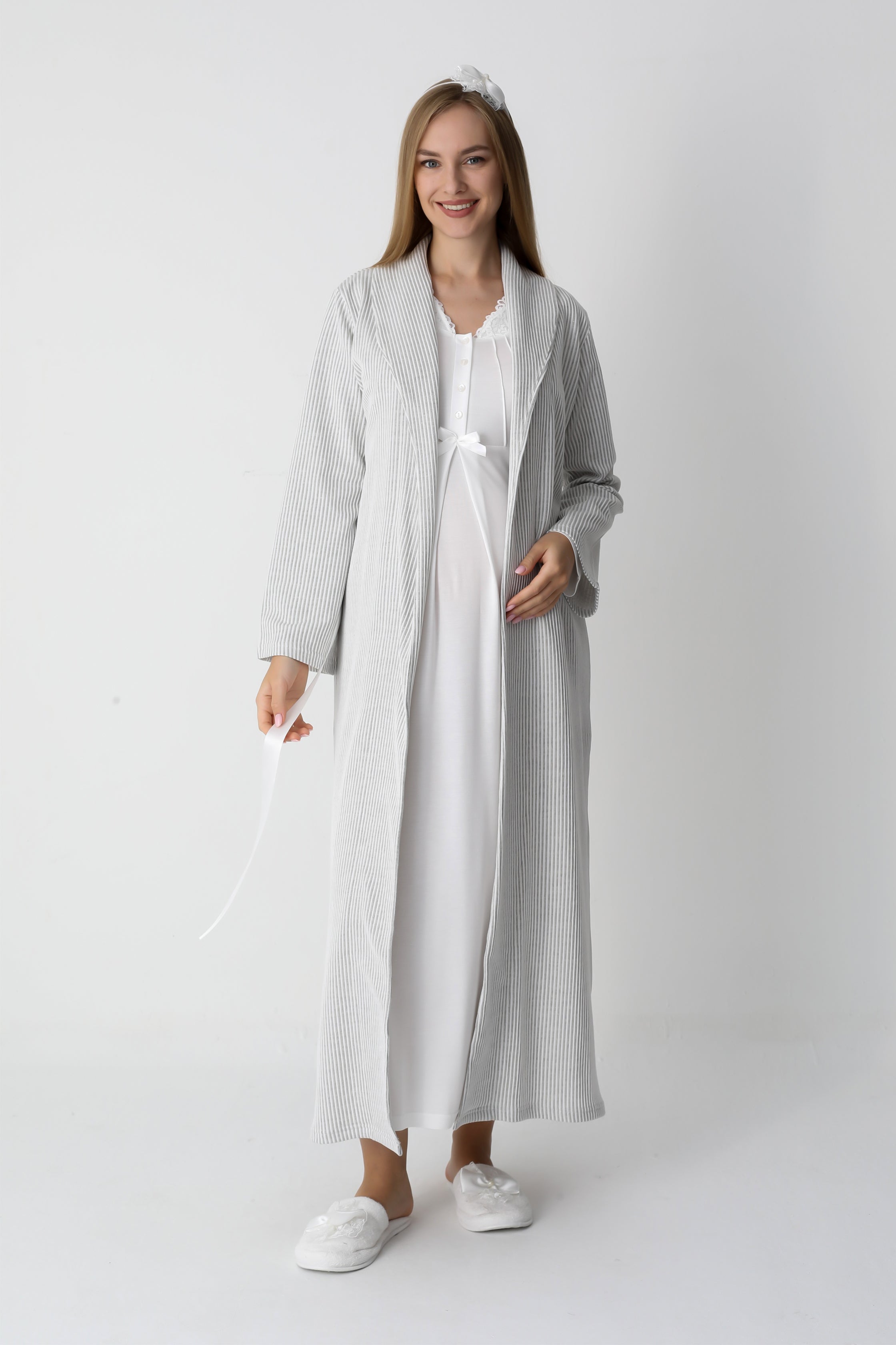 Hamile & Lohusa Gecelik ve Sabahlıklı Viskon Pamuklu Takım / Jakarlı Çizgili Uzun Sabahlık - 2305