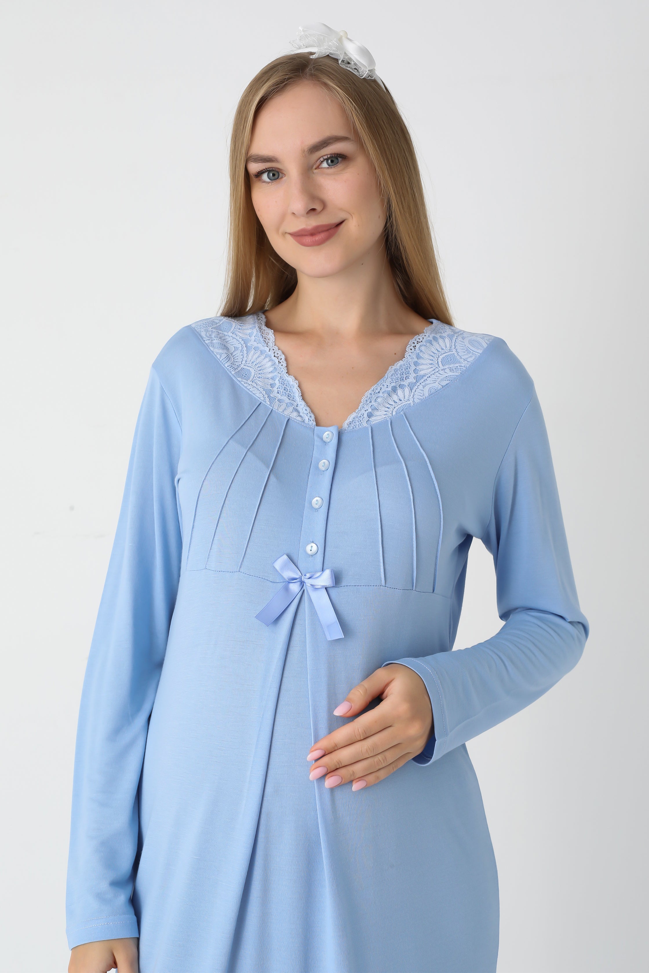 Hamile & Lohusa Gecelik ve Sabahlıklı Viskon Pamuklu Takım / Jakarlı Çizgili Uzun Sabahlık - 2305