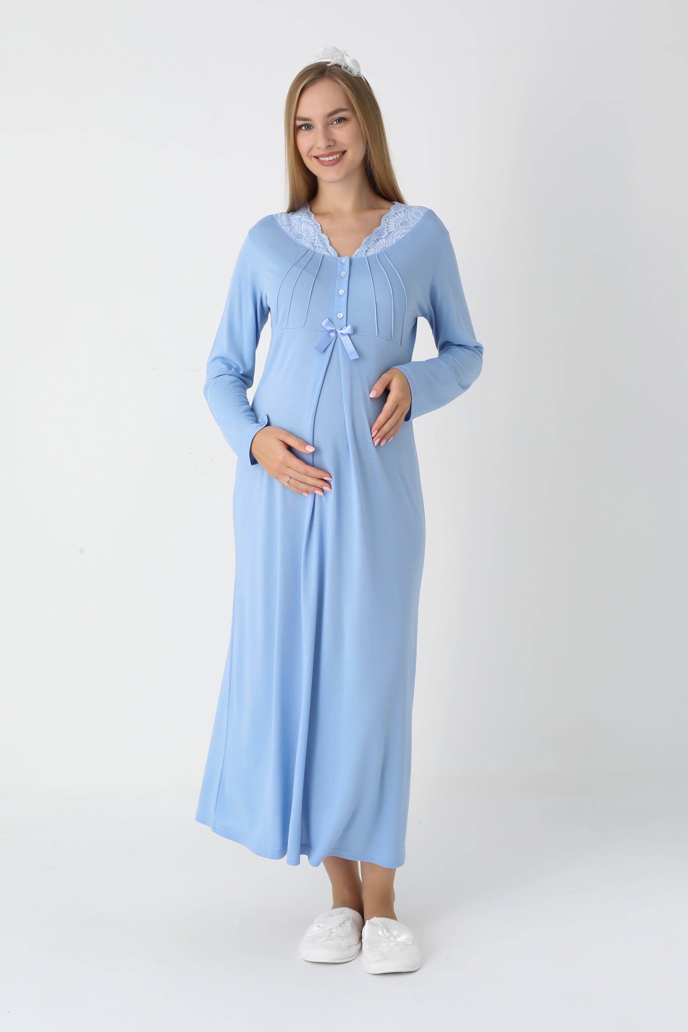 Hamile & Lohusa Gecelik ve Sabahlıklı Viskon Pamuklu Takım / Jakarlı Çizgili Uzun Sabahlık - 2305