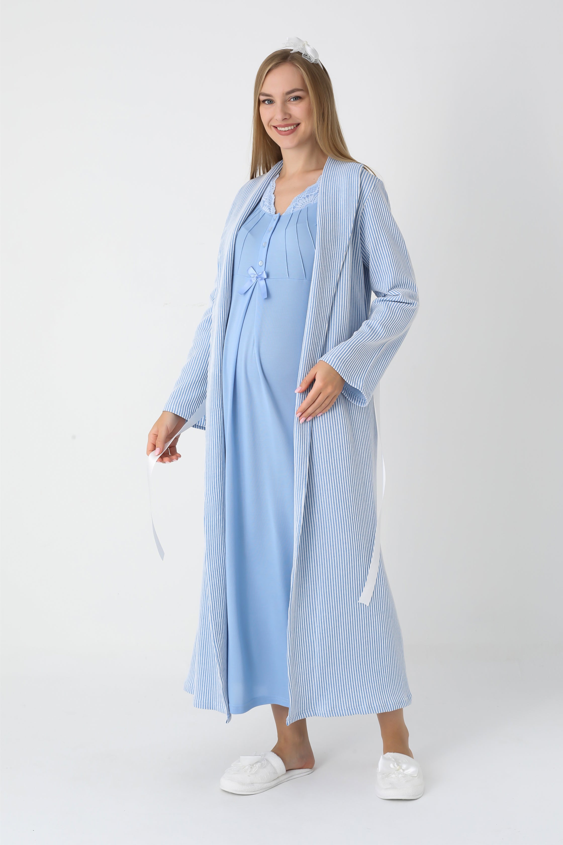 Hamile & Lohusa Gecelik ve Sabahlıklı Viskon Pamuklu Takım / Jakarlı Çizgili Uzun Sabahlık - 2305