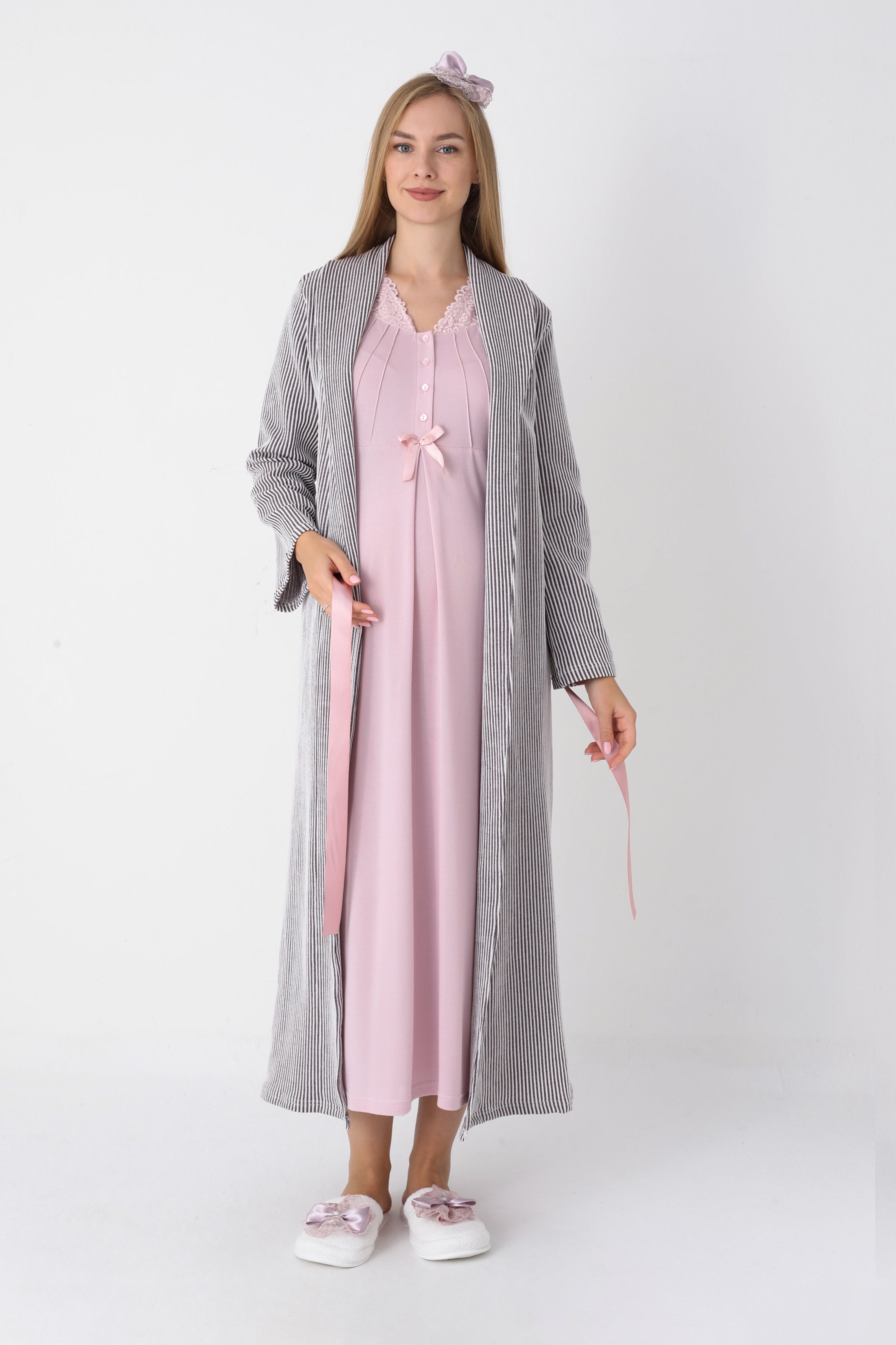 Hamile & Lohusa Gecelik ve Sabahlıklı Viskon Pamuklu Takım / Jakarlı Çizgili Uzun Sabahlık - 2305