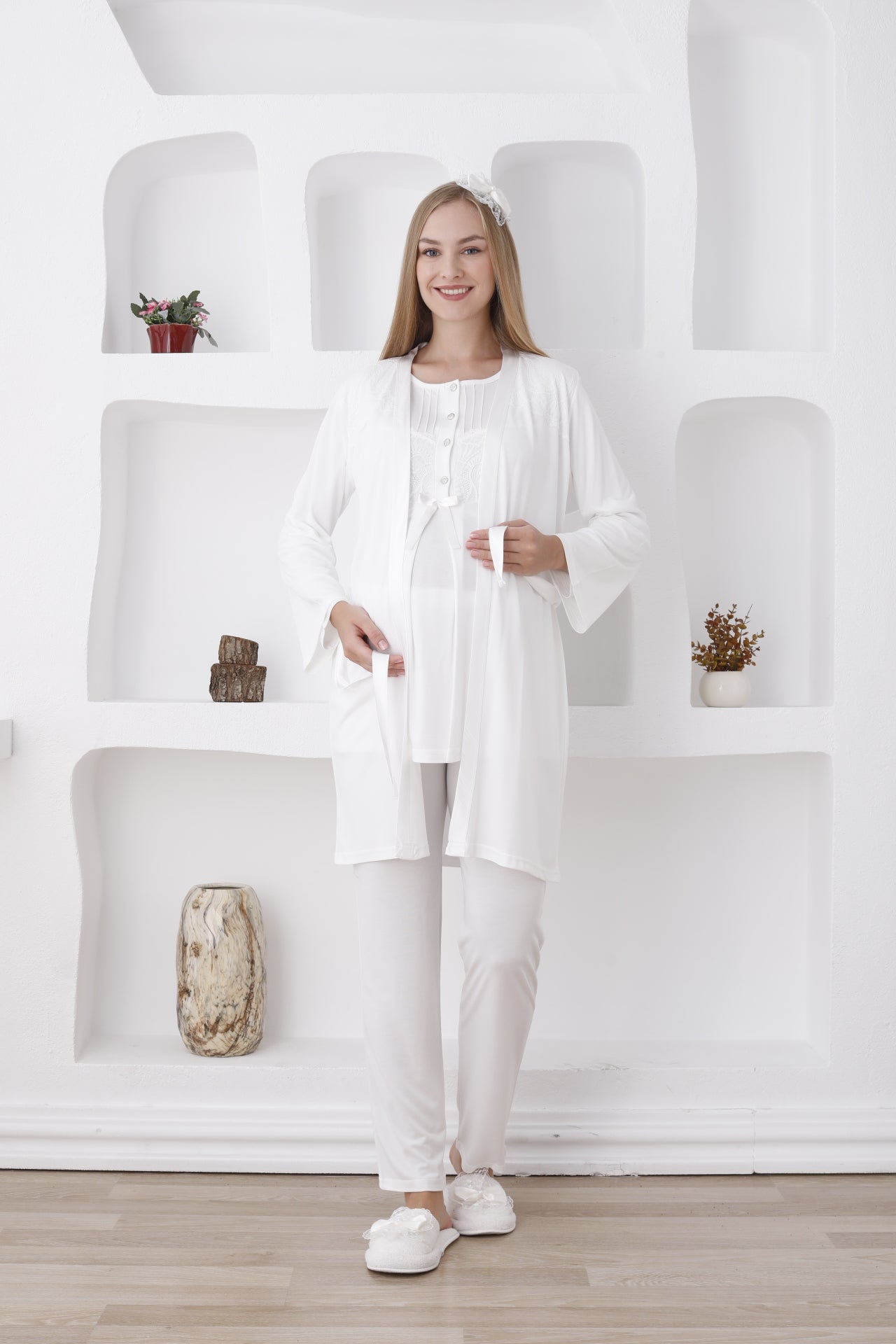 Düğmeli ve Kemerli / Uzun Kollu, Hamile Pijama ve Sabahlıklı Takım - 3423