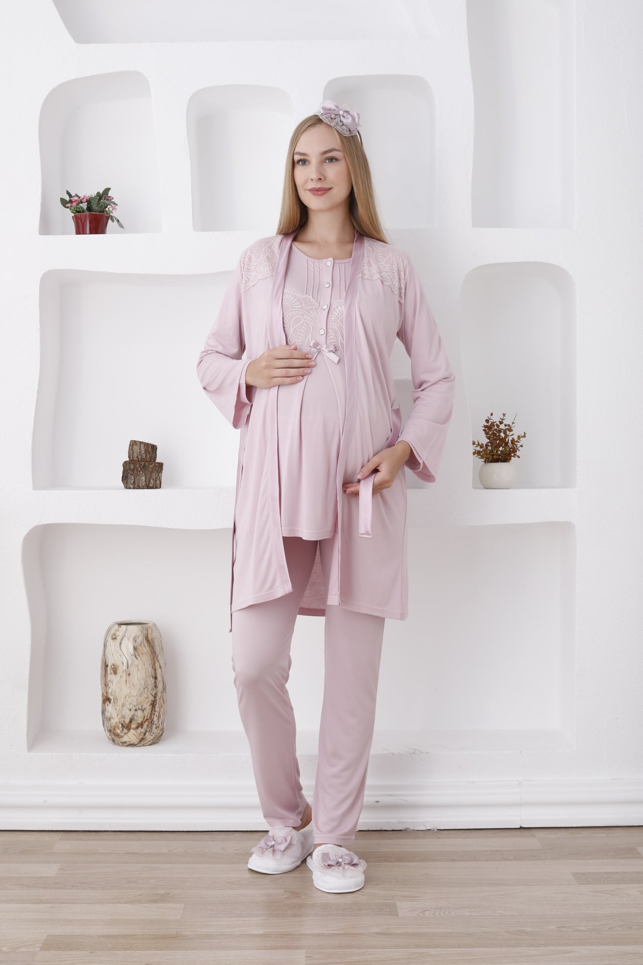 Düğmeli ve Kemerli / Uzun Kollu, Hamile Pijama ve Sabahlıklı Takım - 3423