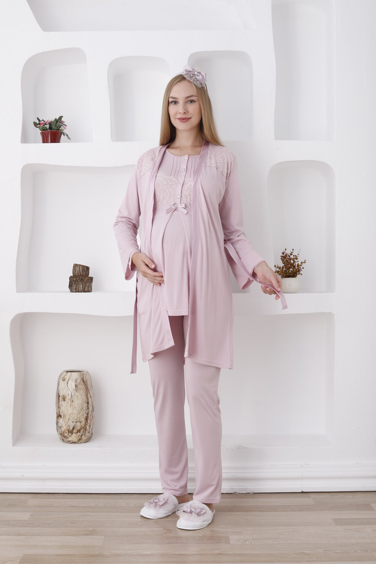 Düğmeli ve Kemerli / Uzun Kollu, Hamile Pijama ve Sabahlıklı Takım - 3423