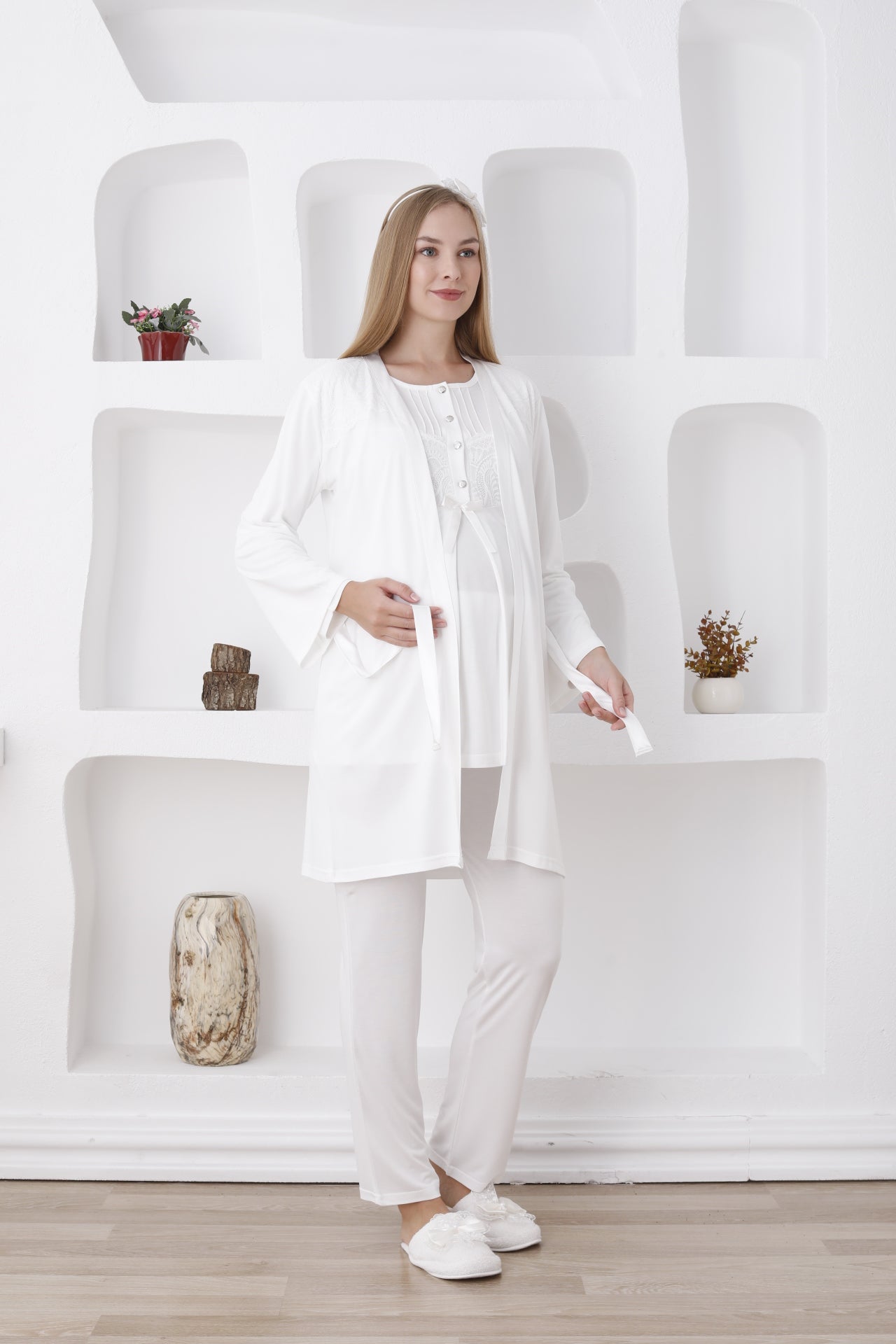 Düğmeli ve Kemerli / Uzun Kollu, Hamile Pijama ve Sabahlıklı Takım - 3423