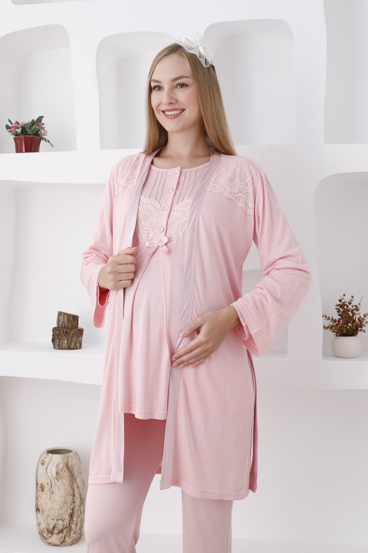 Düğmeli ve Kemerli / Uzun Kollu, Hamile Pijama ve Sabahlıklı Takım - 3423