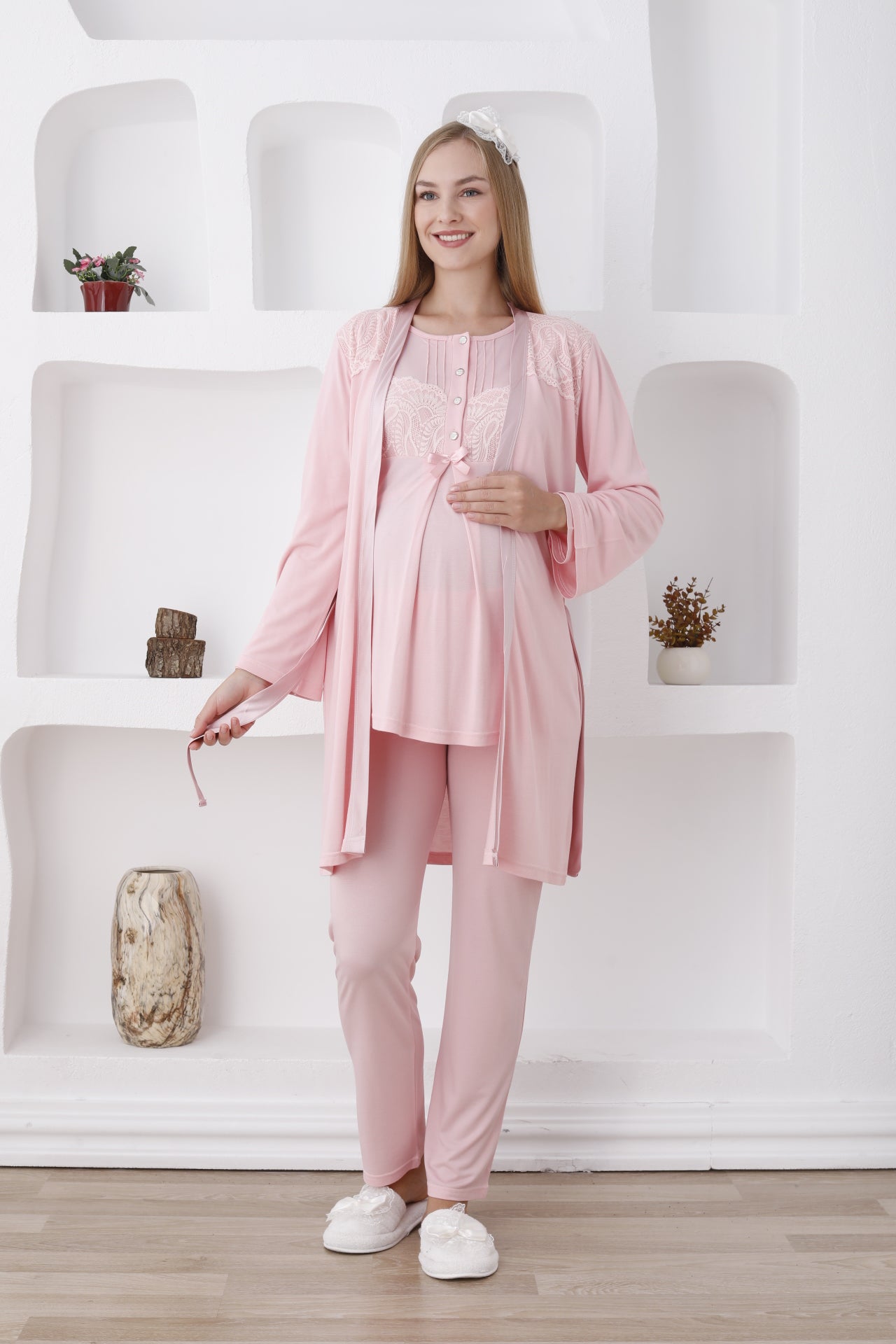 Düğmeli ve Kemerli / Uzun Kollu, Hamile Pijama ve Sabahlıklı Takım - 3423