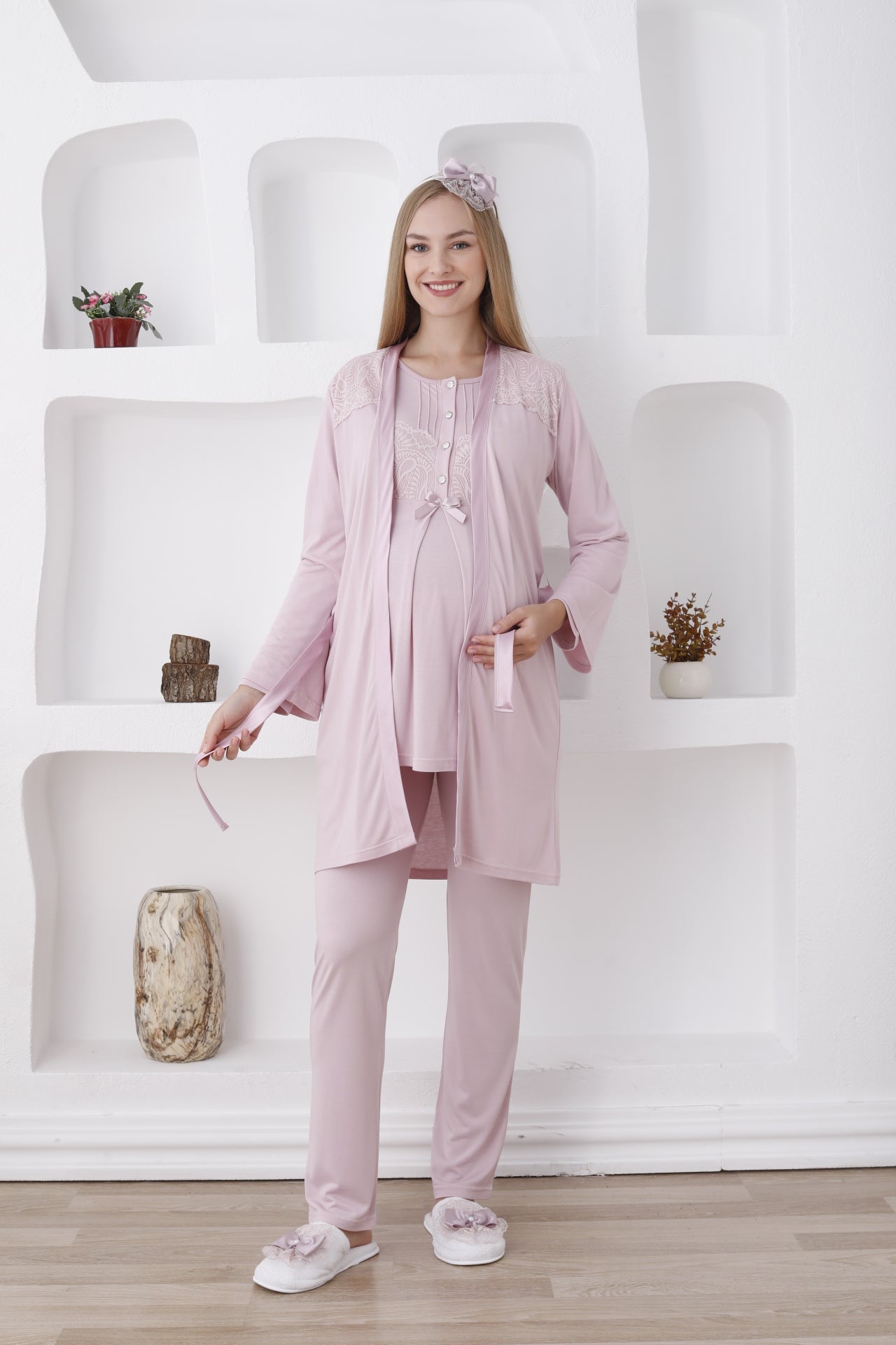 Düğmeli ve Kemerli / Uzun Kollu, Hamile Pijama ve Sabahlıklı Takım - 3423