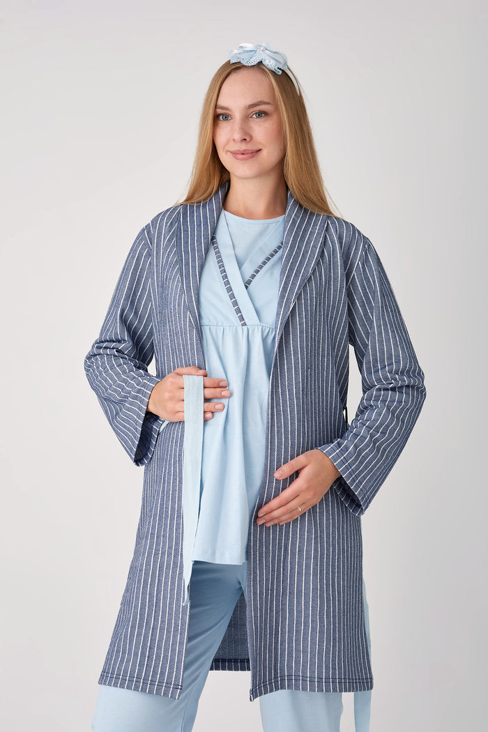 Hamile Pijama ve Sabahlık Takımı – 3’lü Pamuklu Lohusa Seti, Çizgili Sabahlıklı ve Kruvaze Yaka - 3488