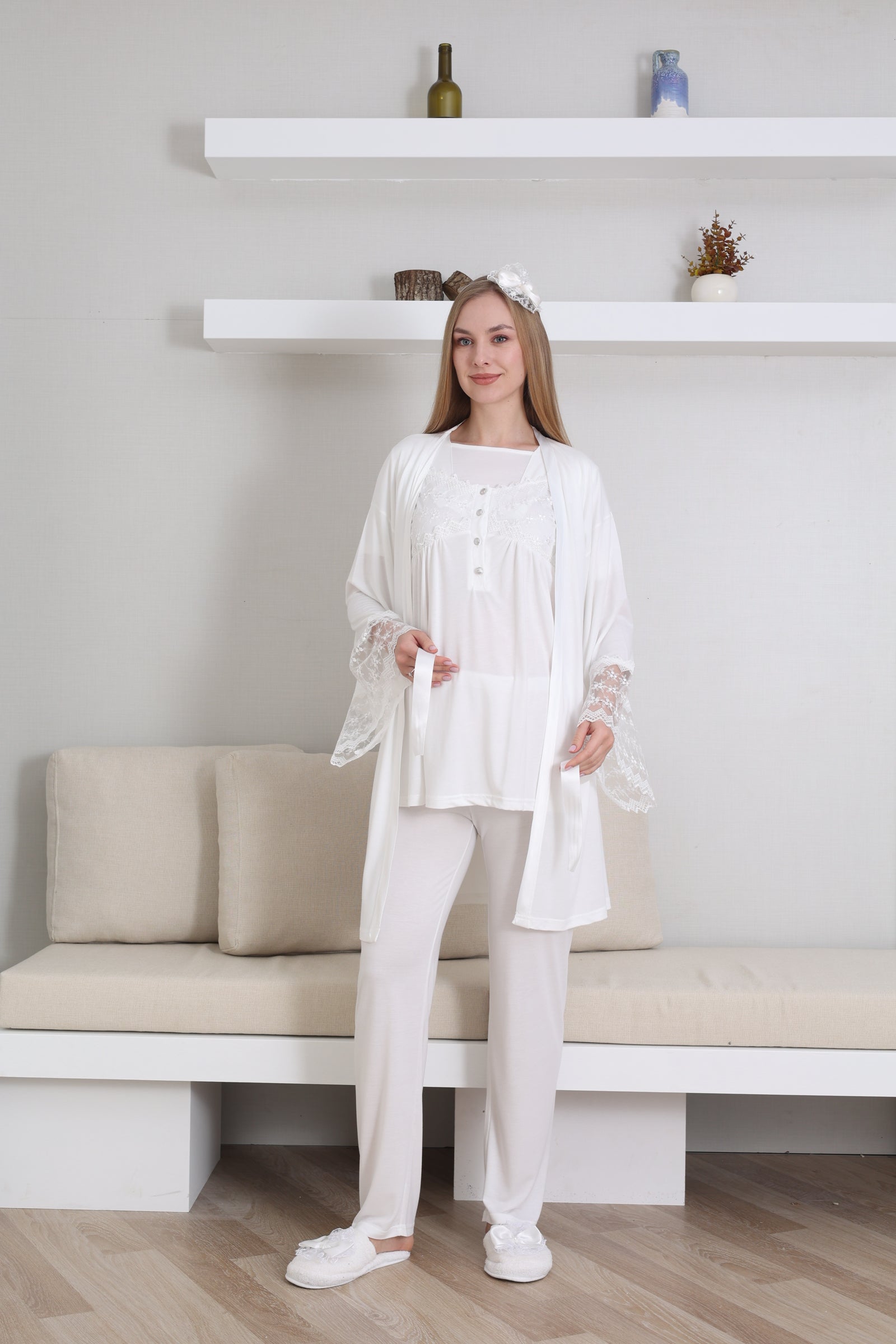 Emzirme Düğmeli Hamile Pijama Takımı/ Dantel Sabahlıklı Lohusa Pijama Takım - 3431