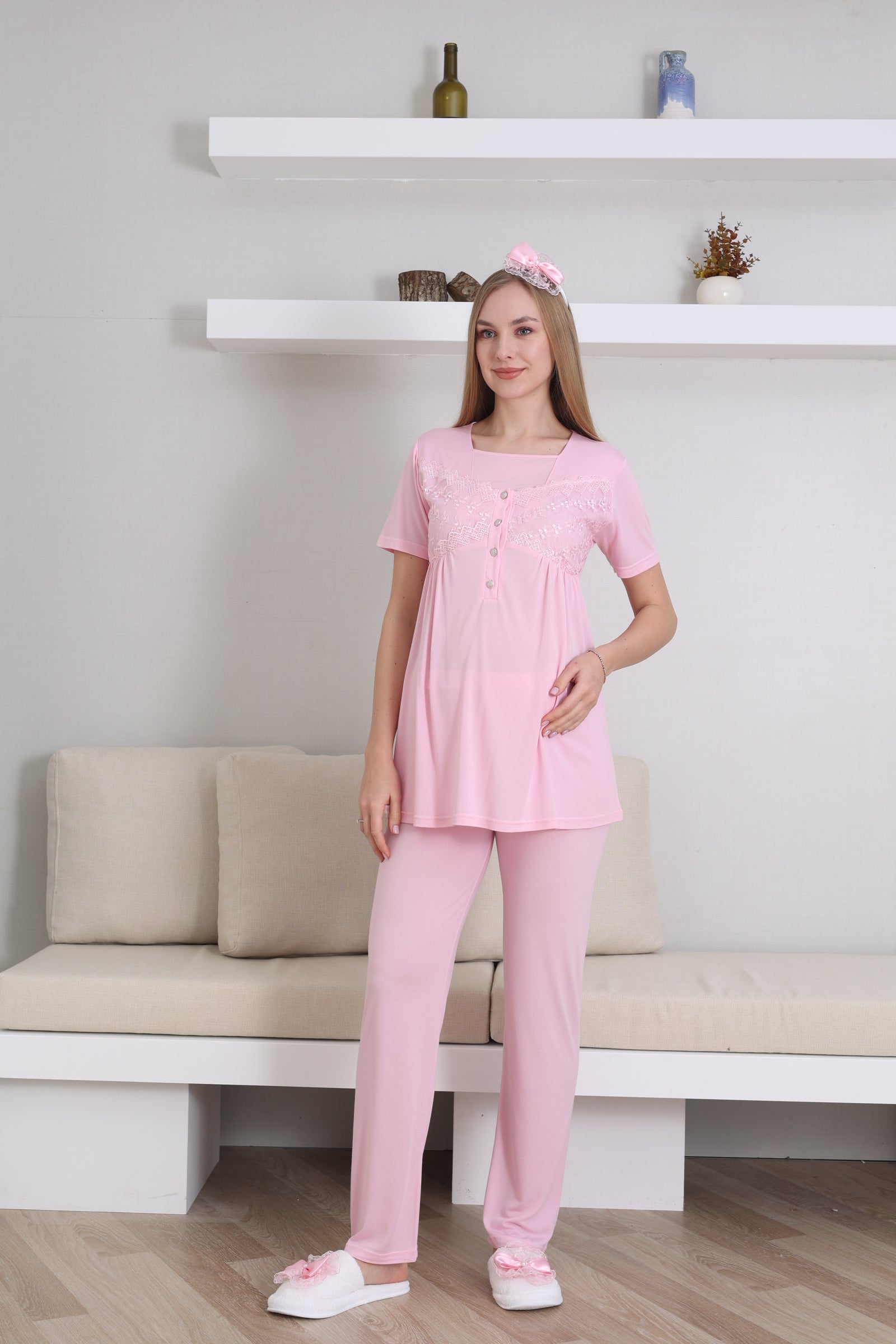 Emzirme Düğmeli Hamile Pijama Takımı/ Dantel Sabahlıklı Lohusa Pijama Takım - 3431