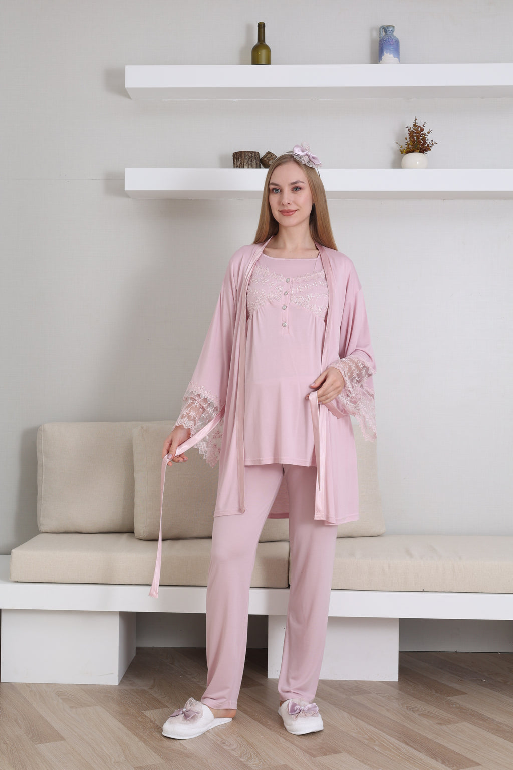 Emzirme Düğmeli Hamile Pijama Takımı/ Dantel Sabahlıklı Lohusa Pijama Takım - 3431