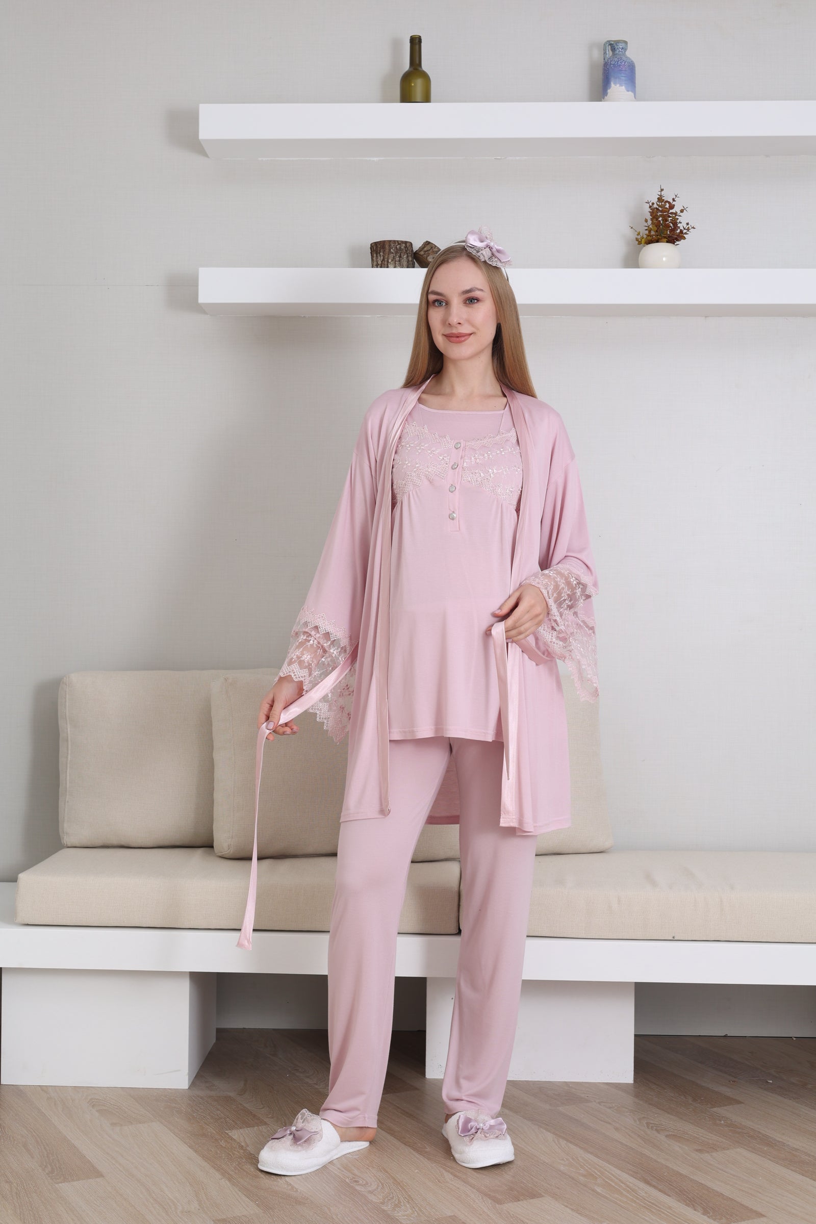 Emzirme Düğmeli Hamile Pijama Takımı/ Dantel Sabahlıklı Lohusa Pijama Takım - 3431