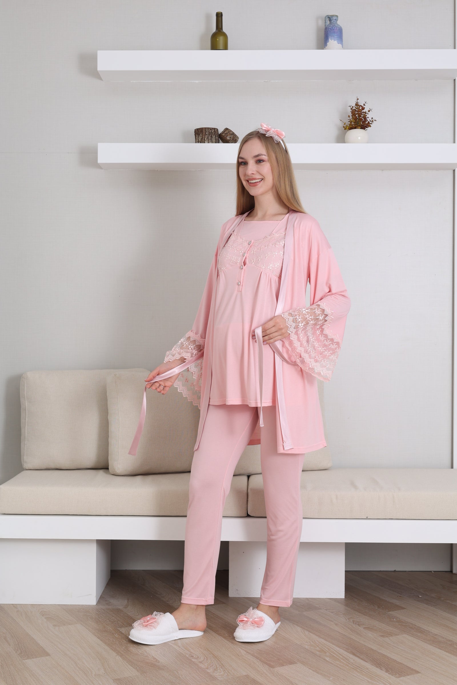 Emzirme Düğmeli Hamile Pijama Takımı/ Dantel Sabahlıklı Lohusa Pijama Takım - 3431