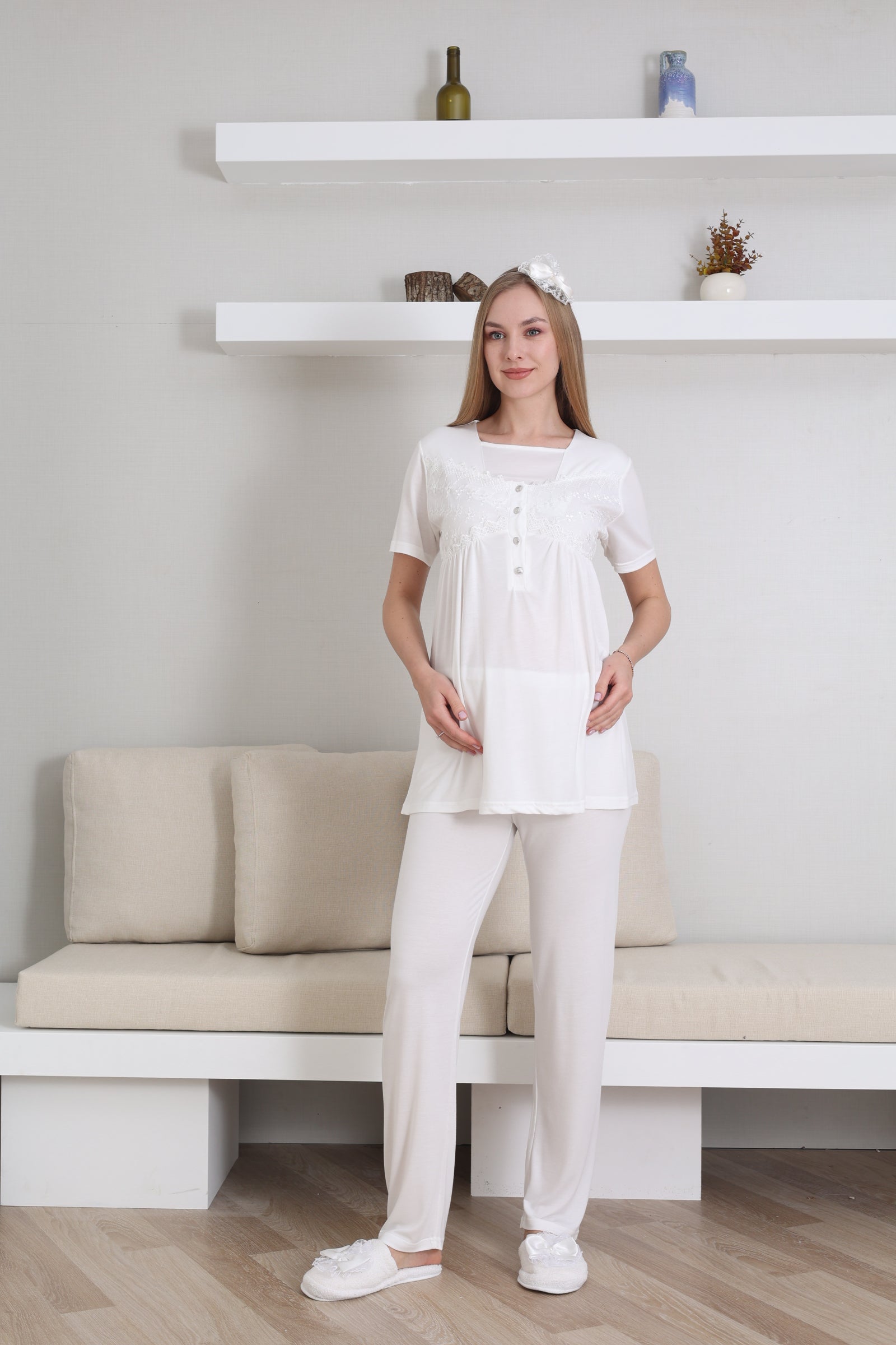 Emzirme Düğmeli Hamile Pijama Takımı/ Dantel Sabahlıklı Lohusa Pijama Takım - 3431