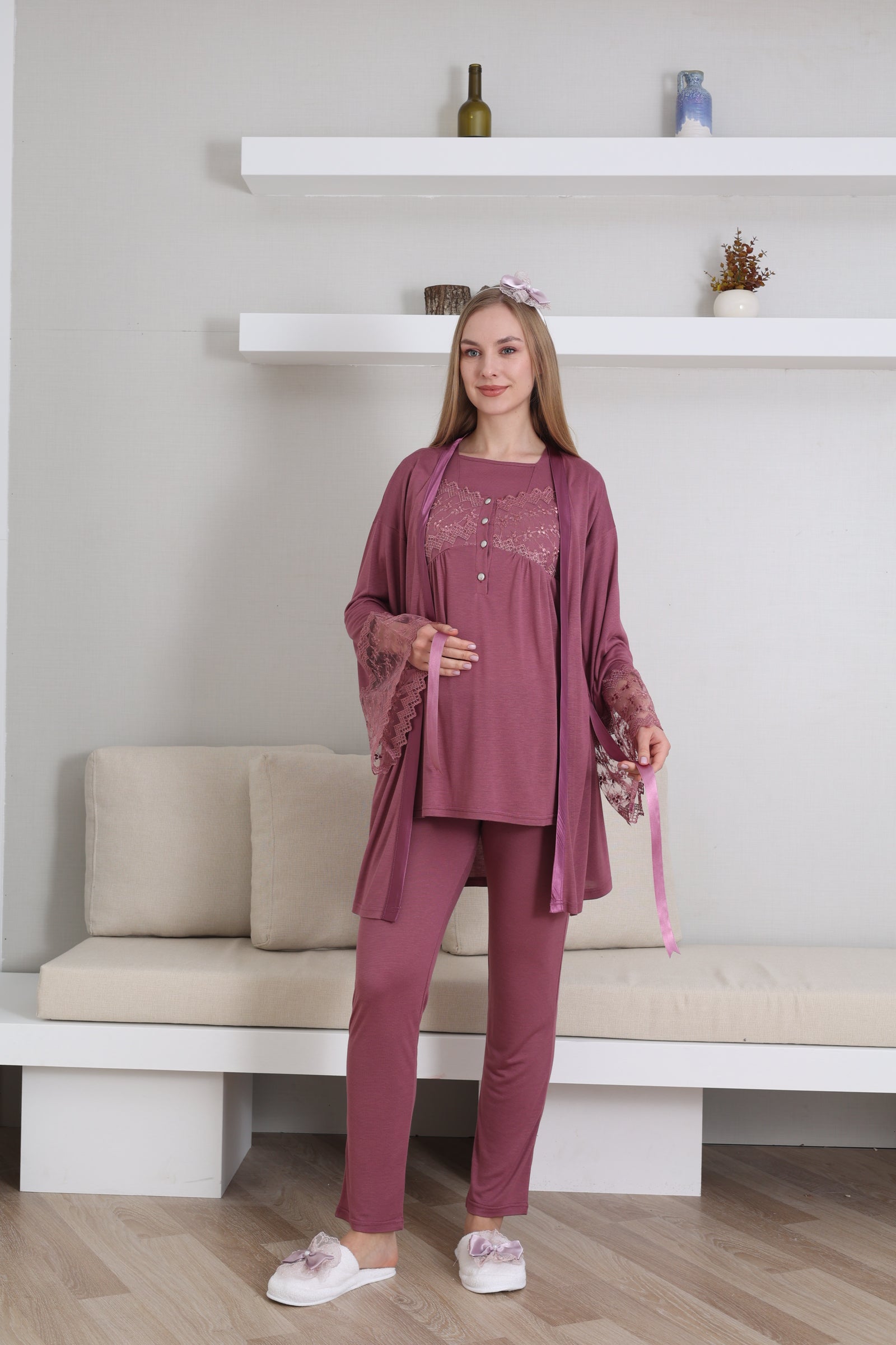 Emzirme Düğmeli Hamile Pijama Takımı/ Dantel Sabahlıklı Lohusa Pijama Takım - 3431