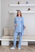 Emzirme Düğmeli Hamile Pijama Takımı/ Dantel Sabahlıklı Lohusa Pijama Takım - 3431