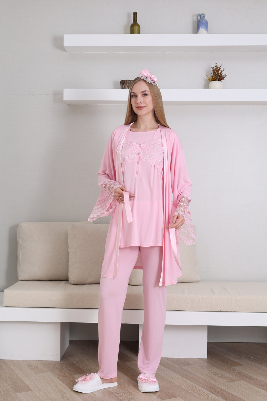 Emzirme Düğmeli Hamile Pijama Takımı/ Dantel Sabahlıklı Lohusa Pijama Takım - 3431