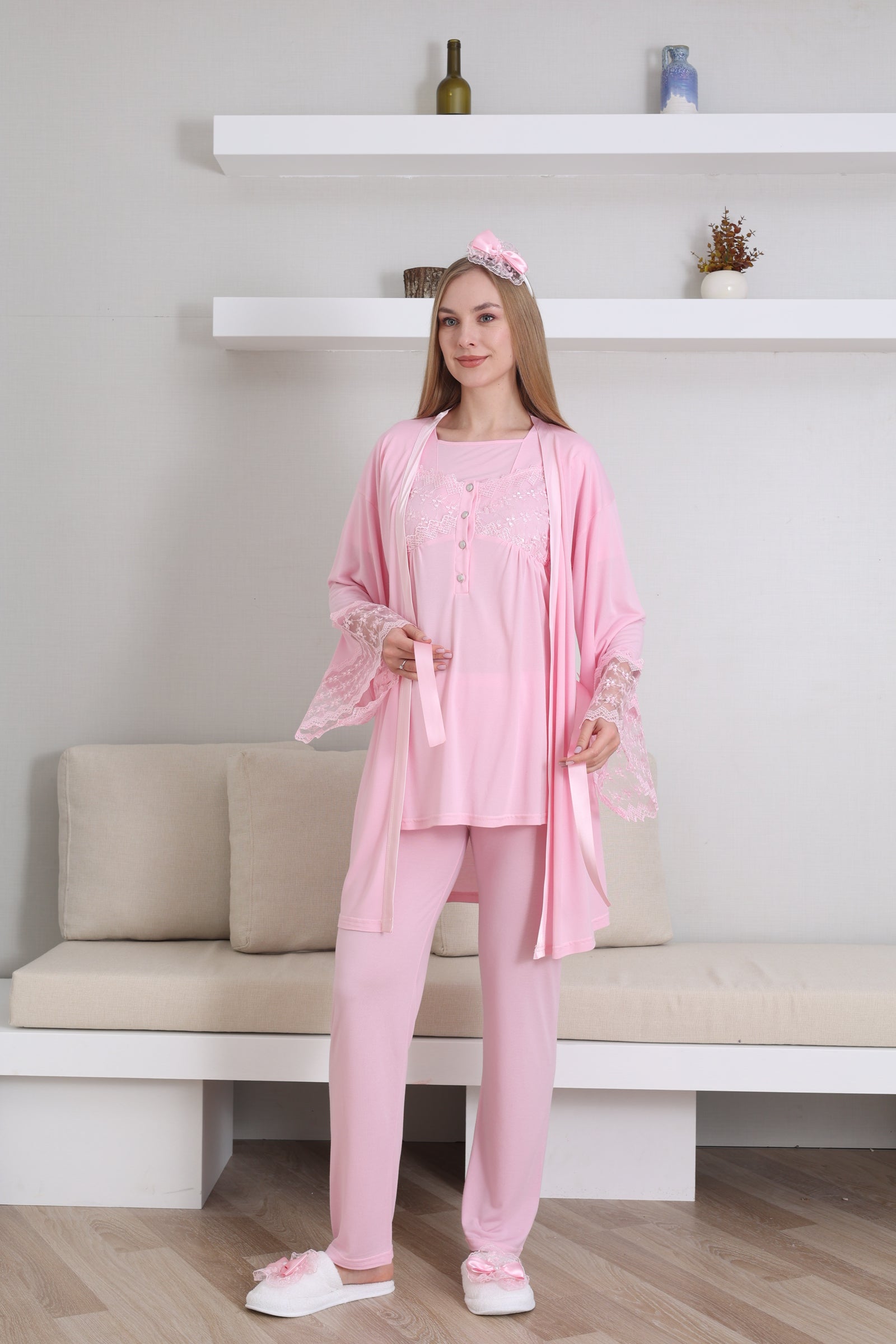 Emzirme Düğmeli Hamile Pijama Takımı/ Dantel Sabahlıklı Lohusa Pijama Takım - 3431