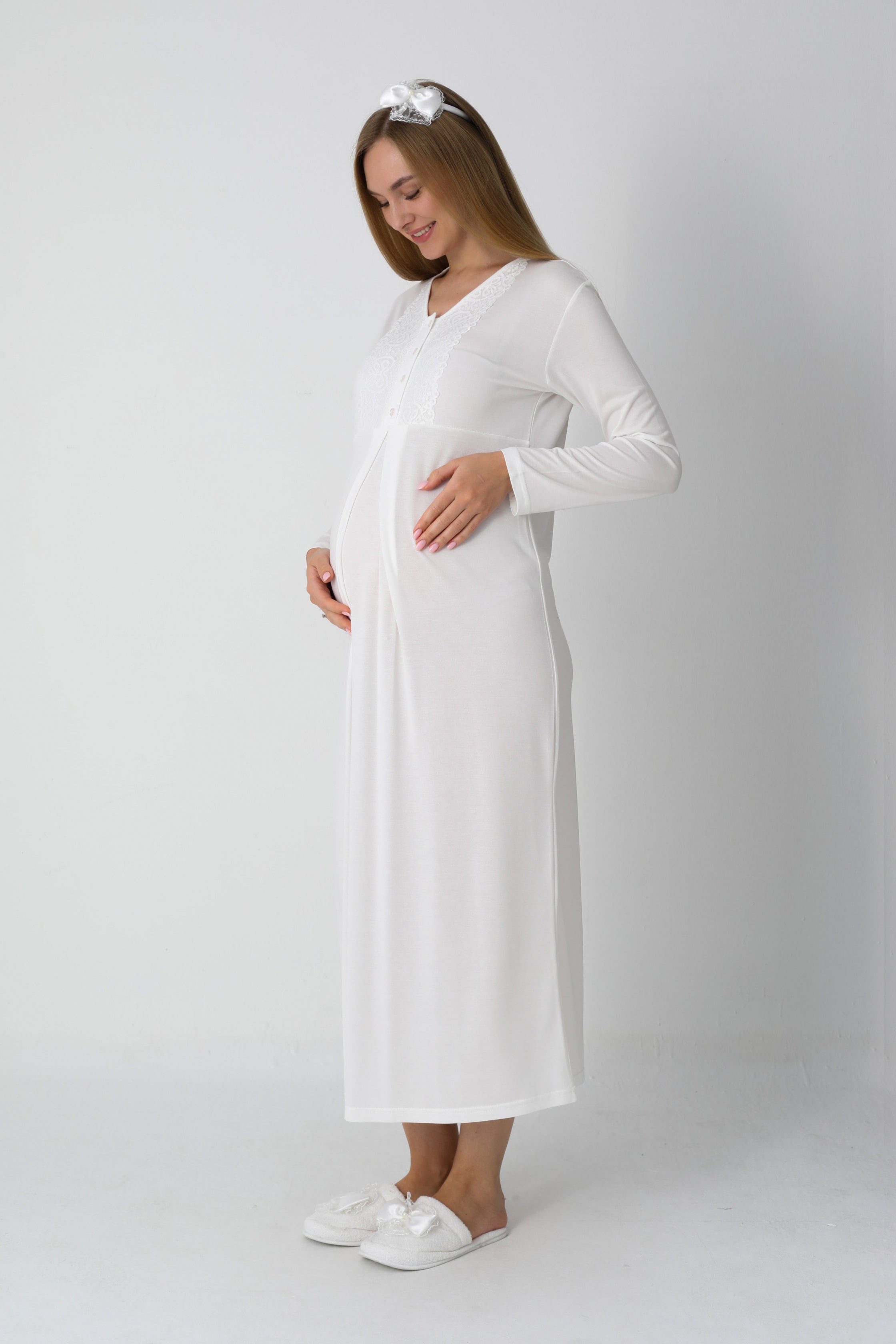 Fiyonk Desenli Jakarlı Sabahlık & Viskon Gecelik 2'li Lohusa Seti - 2311