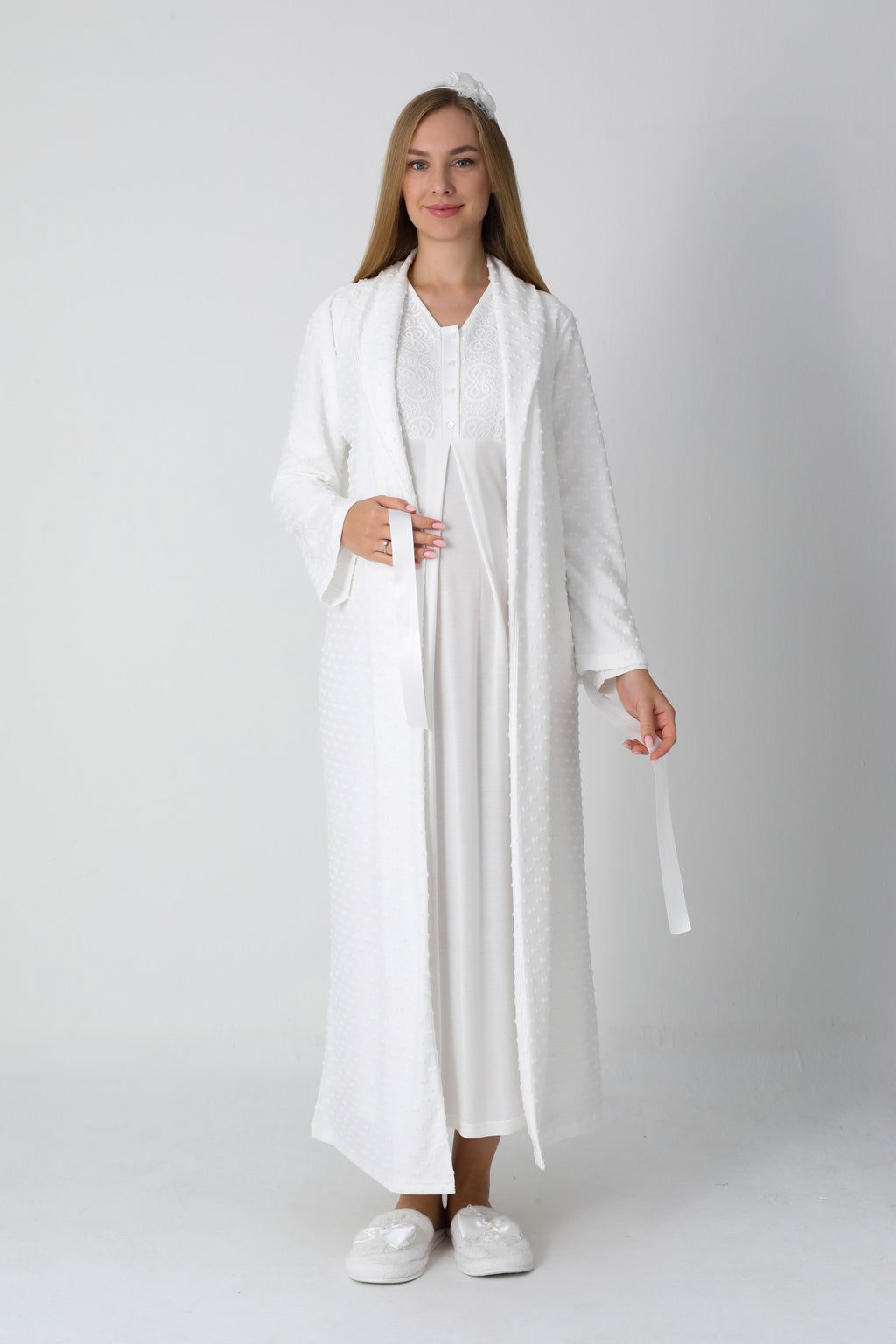 Fiyonk Desenli Jakarlı Sabahlık & Viskon Gecelik 2'li Lohusa Seti - 2311