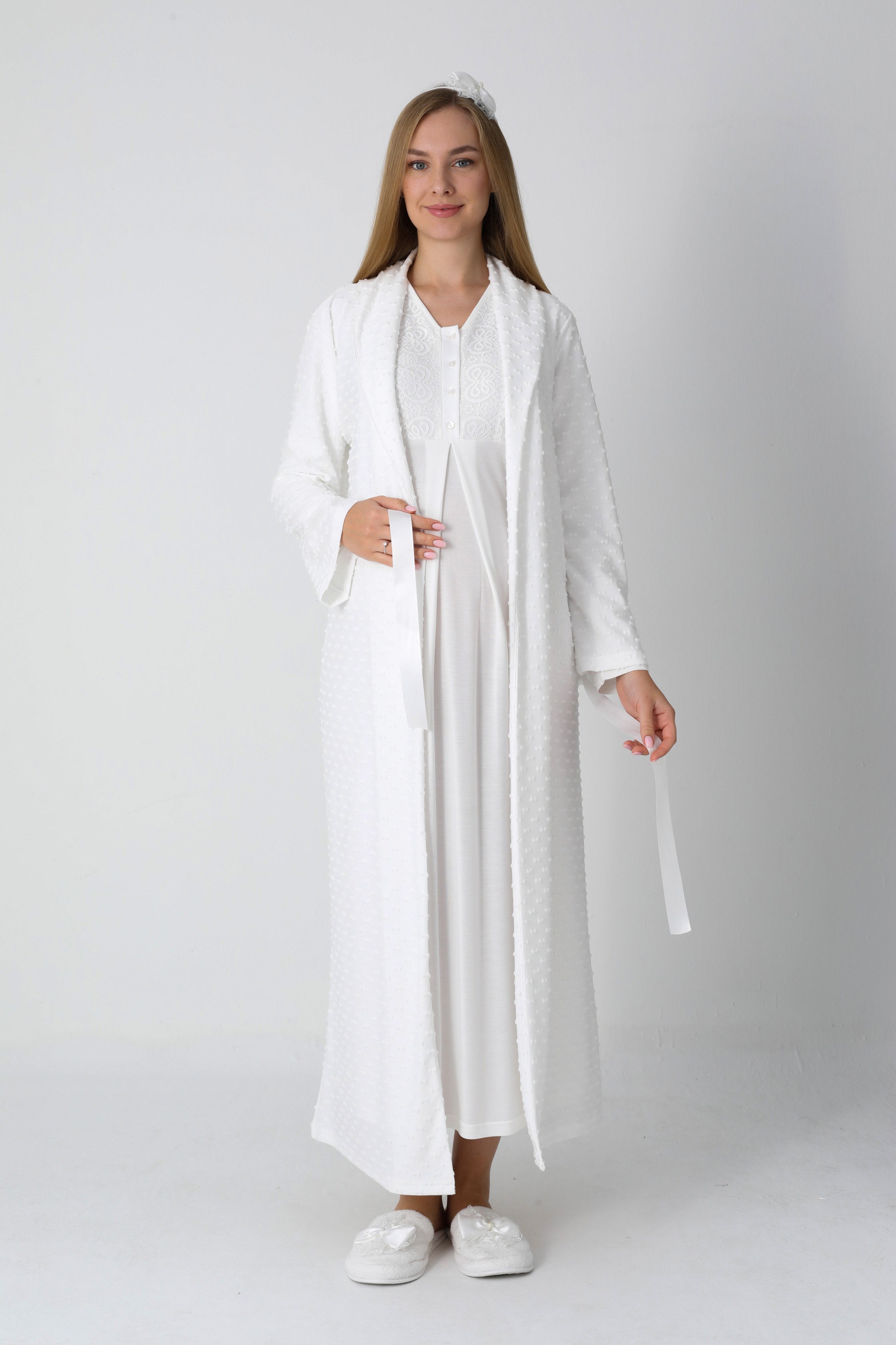 Fiyonk Desenli Jakarlı Sabahlık & Viskon Gecelik 2'li Lohusa Seti - 2311