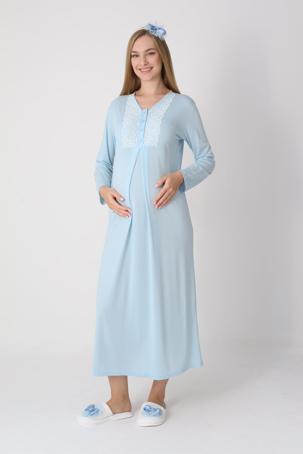 Fiyonk Desenli Jakarlı Sabahlık & Viskon Gecelik 2'li Lohusa Seti - 2311