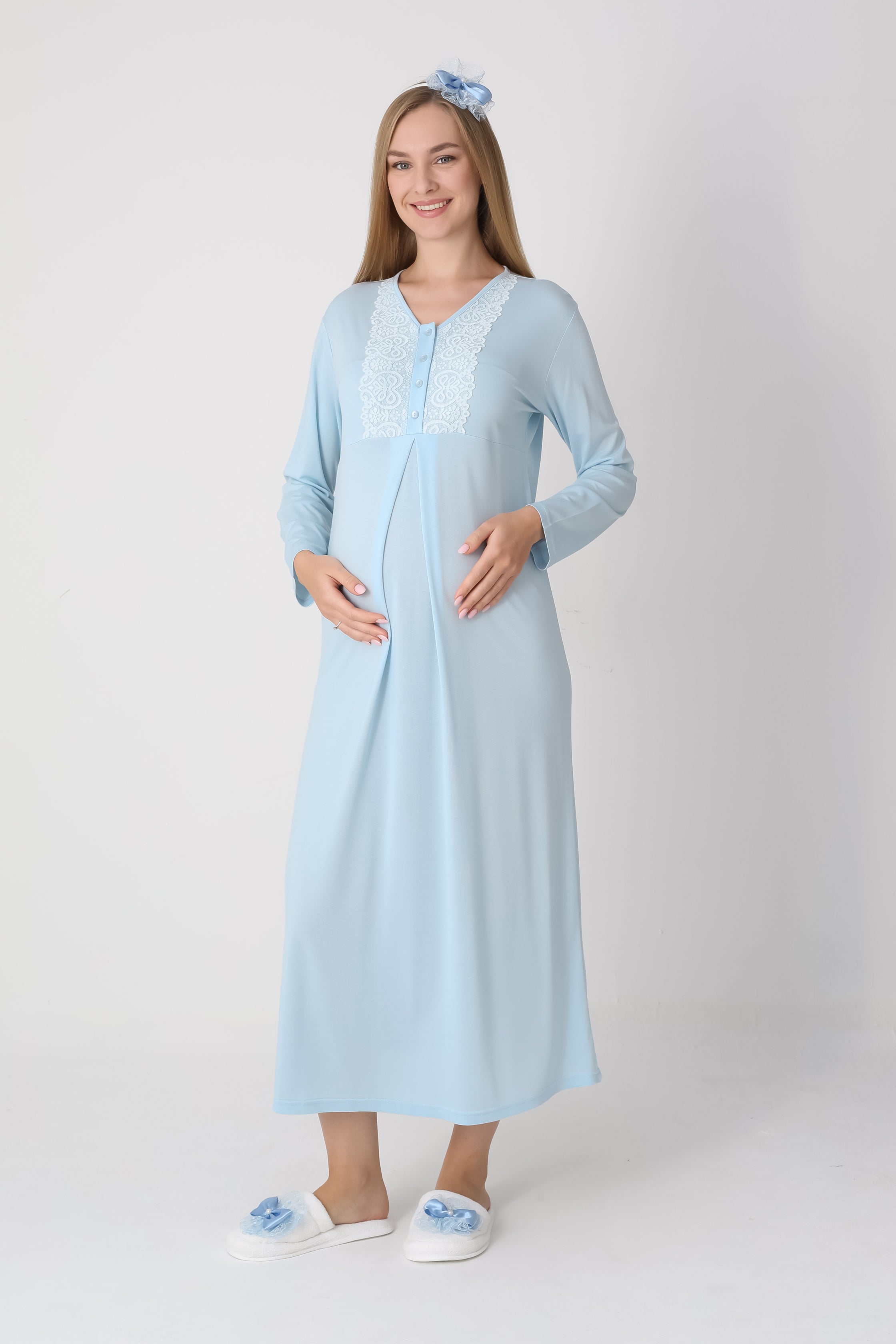 Fiyonk Desenli Jakarlı Sabahlık & Viskon Gecelik 2'li Lohusa Seti - 2311