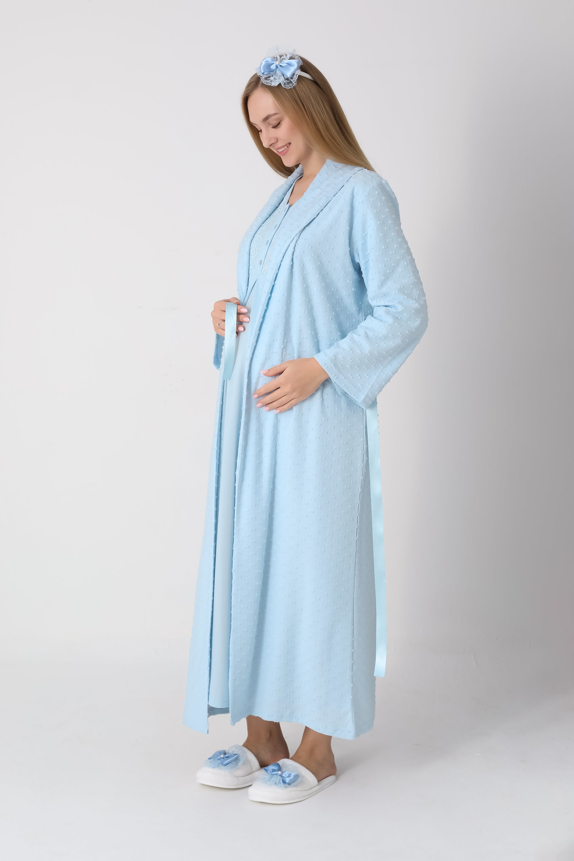 Fiyonk Desenli Jakarlı Sabahlık & Viskon Gecelik 2'li Lohusa Seti - 2311