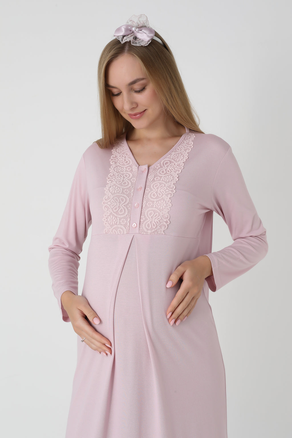 Fiyonk Desenli Jakarlı Sabahlık & Viskon Gecelik 2'li Lohusa Seti - 2311